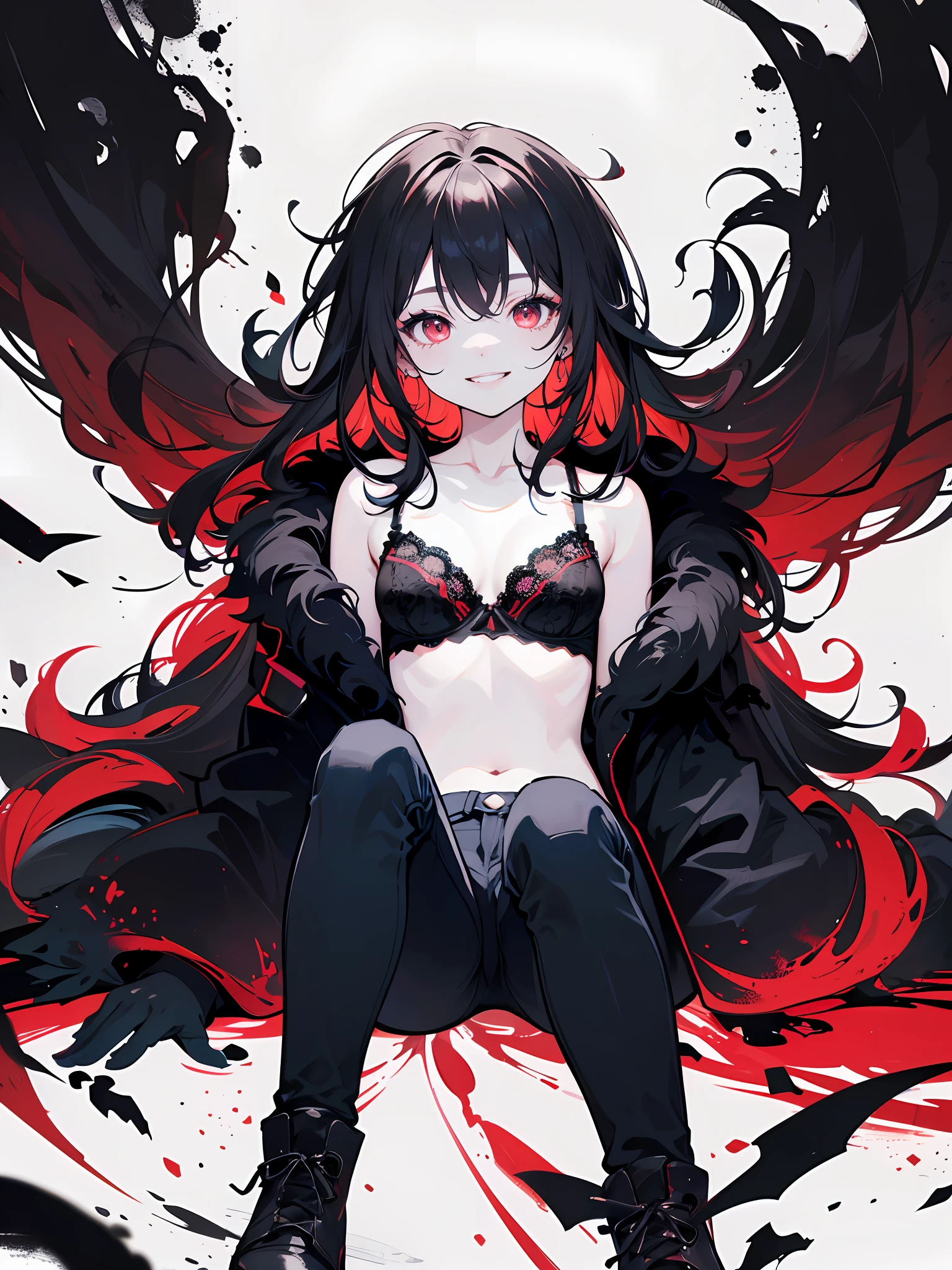 (Masterpiece),(Best quality),(Ultra-detailed),illustration,Disheveled hair,Dynamic Angle,Solo,1girll,game character portrait,(Colorful),Dark red eyes,whaite hair,(Messy hair),(Black fur coat:1.3),(Long hair:1.2),Jeans,(Black lace bra:1.3),Leather boots,(Chiaroscuro lighting:1.2),(Flat color:1.4),(Crazy smile:1.4),(废墟:1.3),From below,