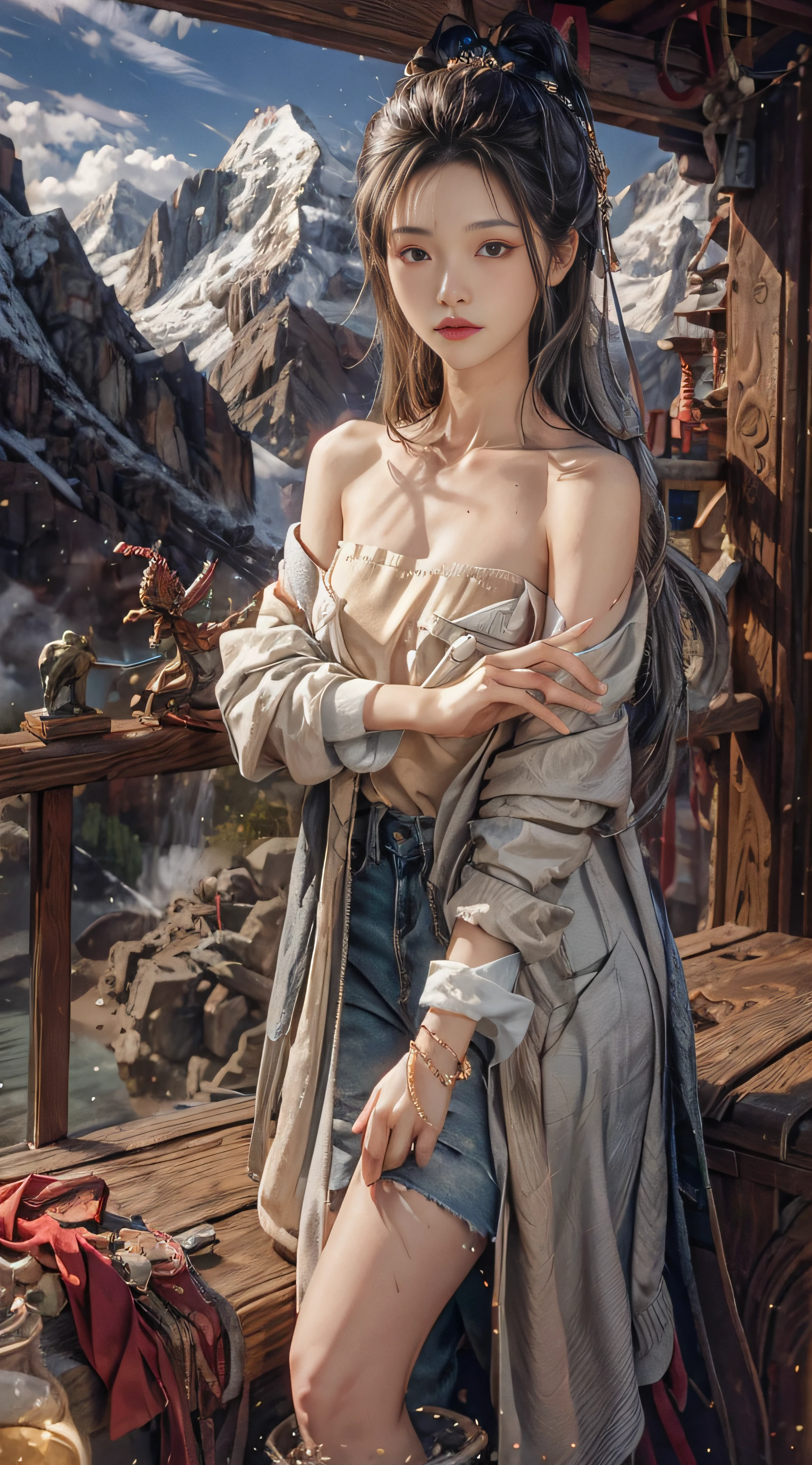 Gray sweater,Extra-long hair,Exposed shoulder,CE leather jacket,There are mountains,there are waters
