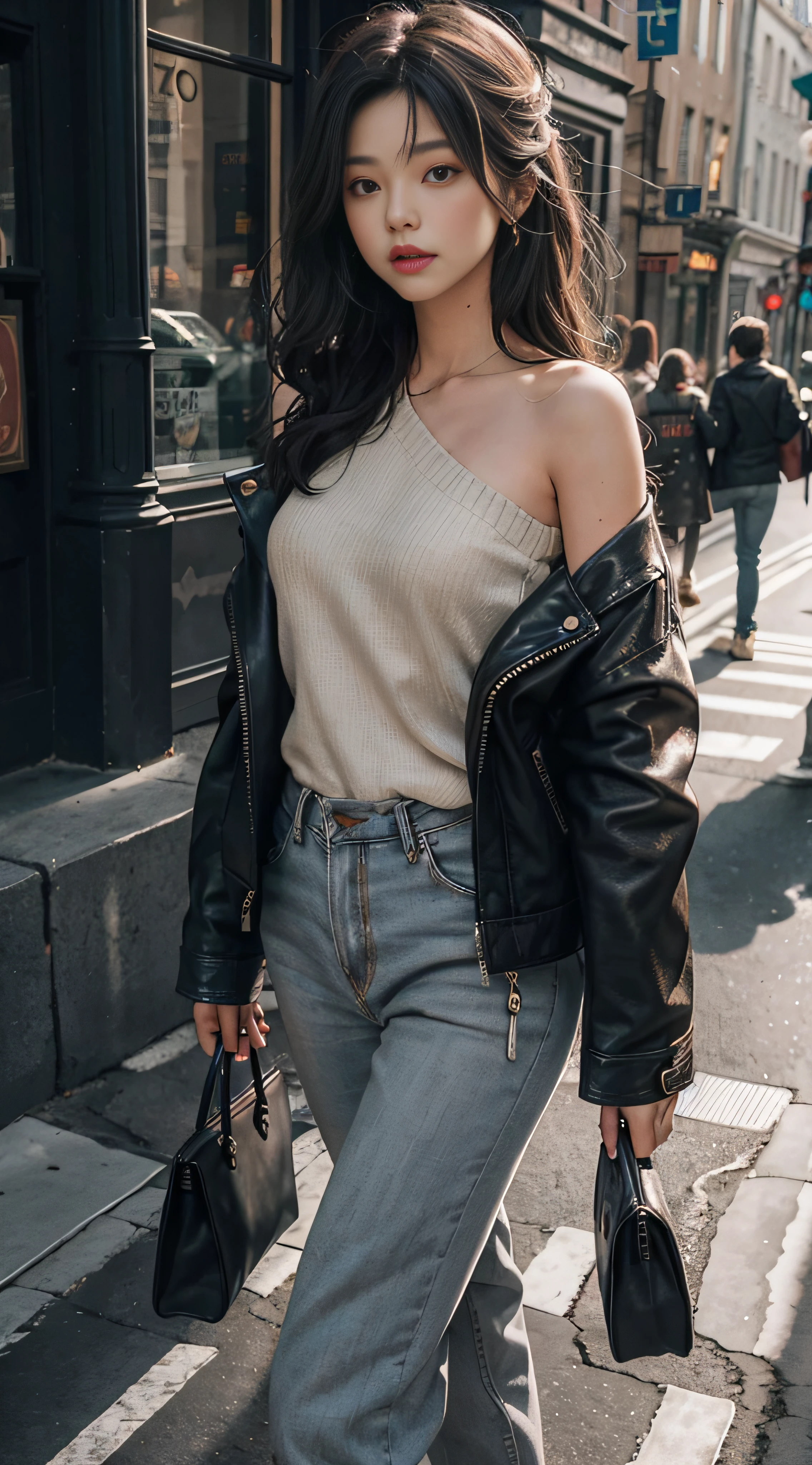 Gray sweater，Extra-long hair，Exposed shoulder，CE leather jacket，