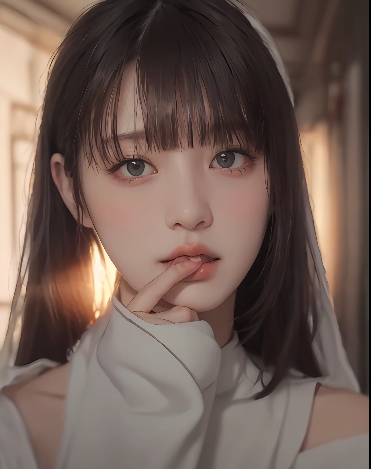 best qualtiy， tmasterpiece， 超高分辨率， （realisticlying：1.5）， RAW photogr， 1girll， bshoulders， low tune， cold light， Sexy look， short detailed hair
