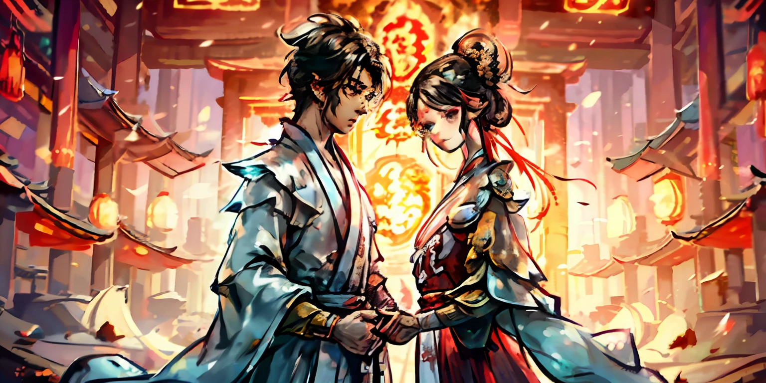 RAW photos，best qualtiy，A high resolution，a young man and a woman，Handsome，Cartoony，eyes with brightness，adolable，Chinese style 2D，Chinese wedding dress，Red clothes，Look at each other affectionately