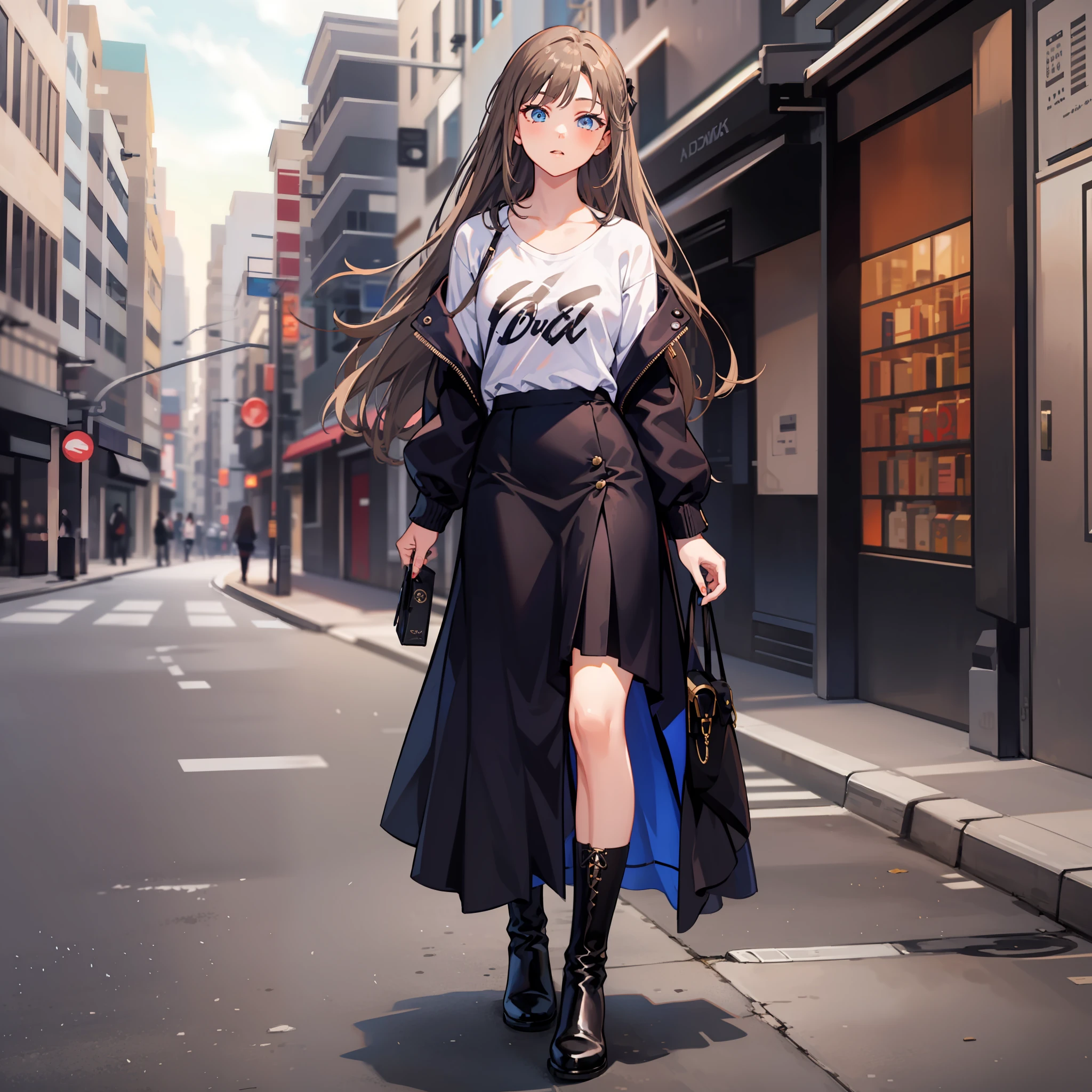 1girl，22years old，light brown hair，hair spread out，long hair，dark blue eyes，medium-sized chest，black maxi skirt，white T-shirt，black hairpin，black ankle boot，masterpiece，best quality，urban street