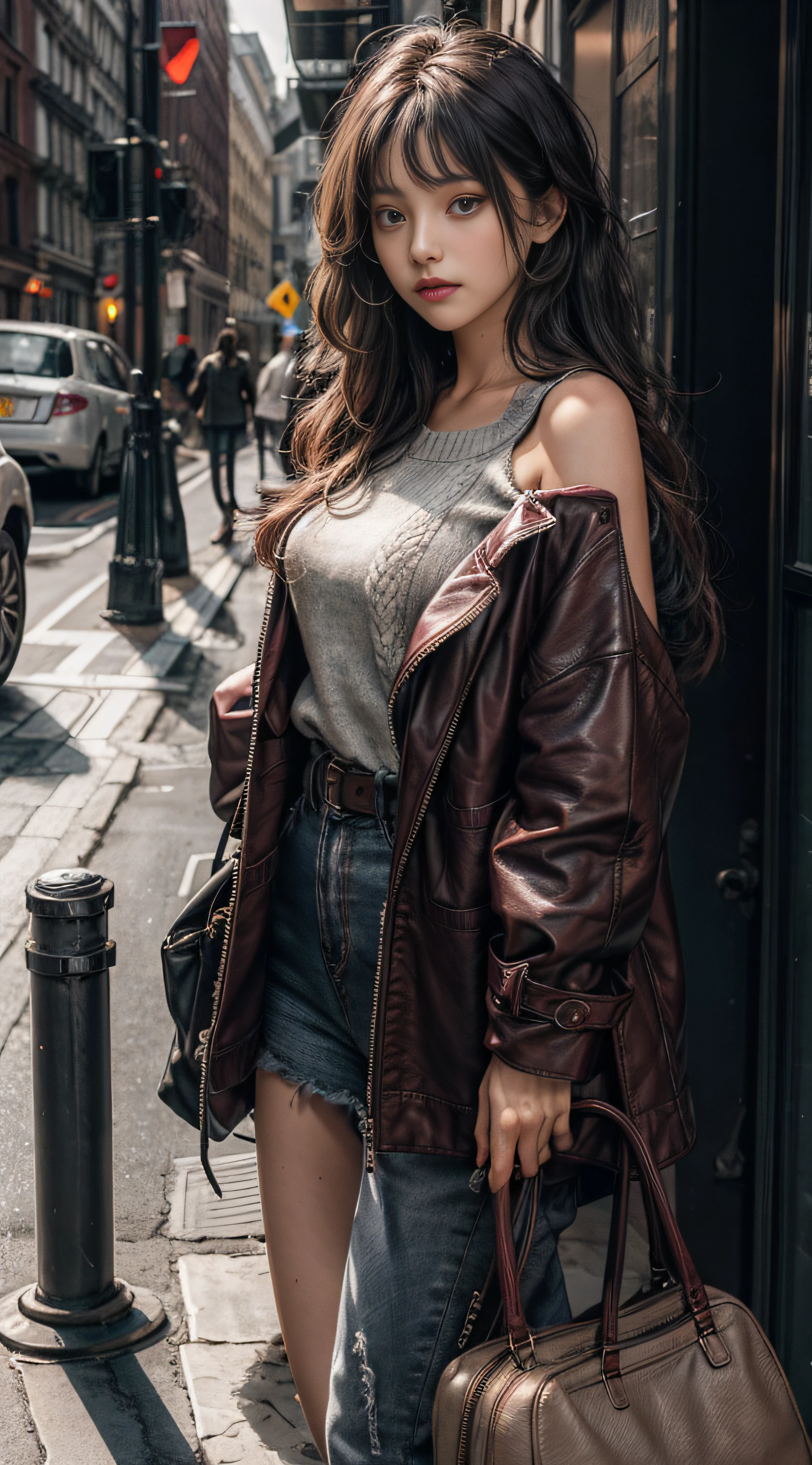 Gray sweater，Extra-long hair，Exposed shoulder，Burgundy leather coat，