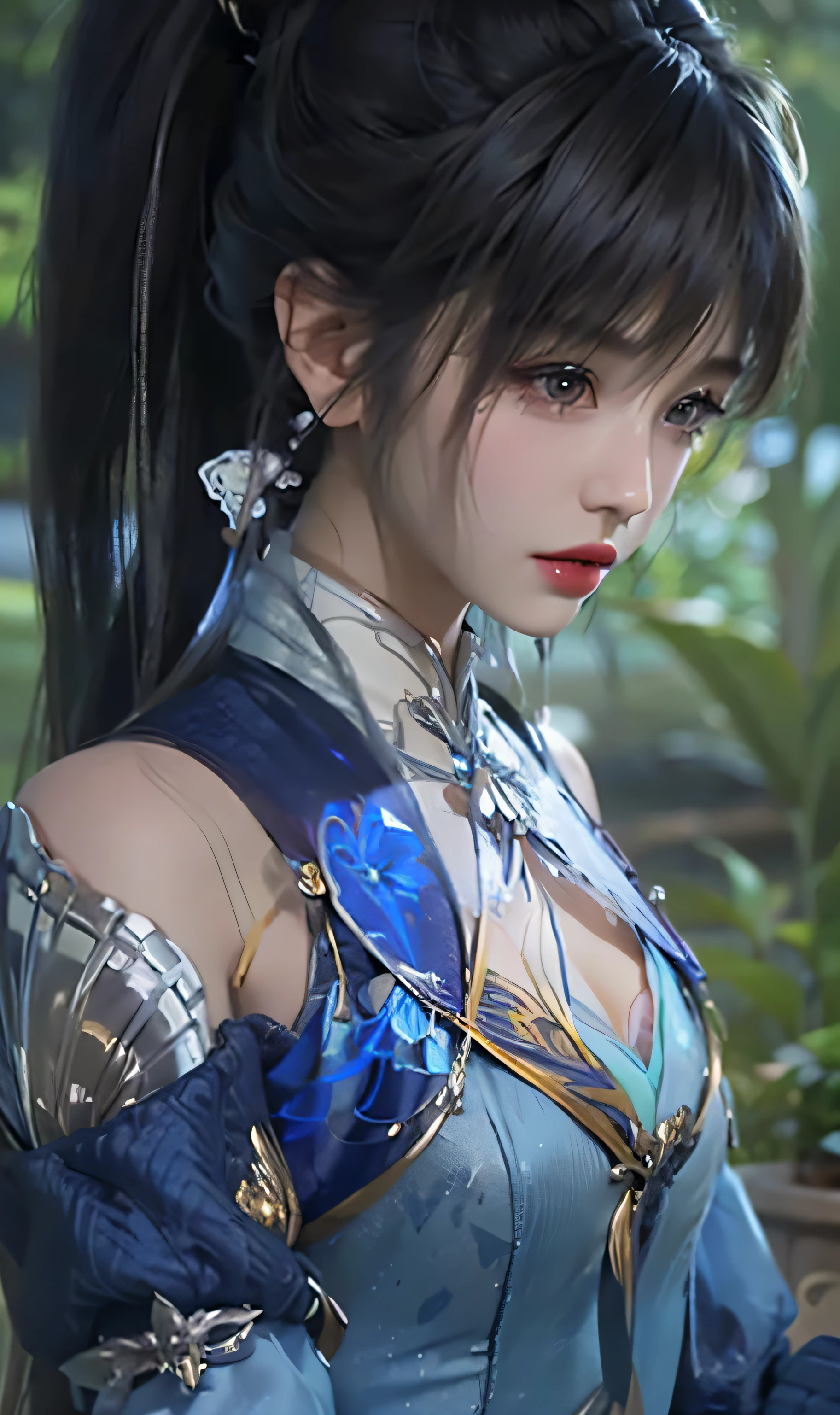 a close up of a woman with a blue dress and a blue jacket, Game CG, Smooth anime CG art, inspired by Li Mei-shu, close up character, 3 d anime realistic, 4 K detail fantasy, photorealistic anime girl rendering, Yun Ling, 8 k uhd character details, anime cgi, Art germ ; 3d unreal engine