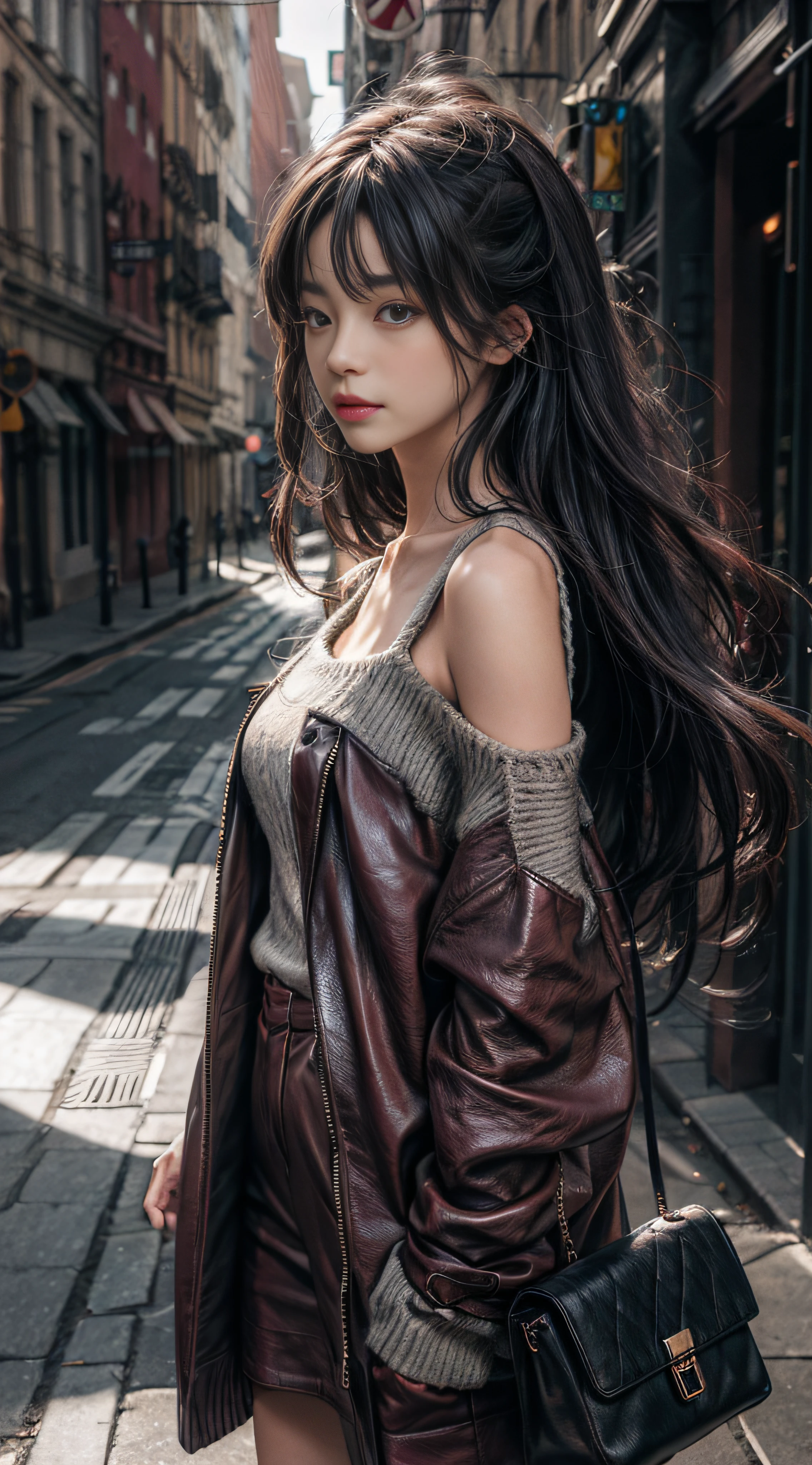 Gray sweater,Extra-long hair,Exposed shoulder,Burgundy leather coat,