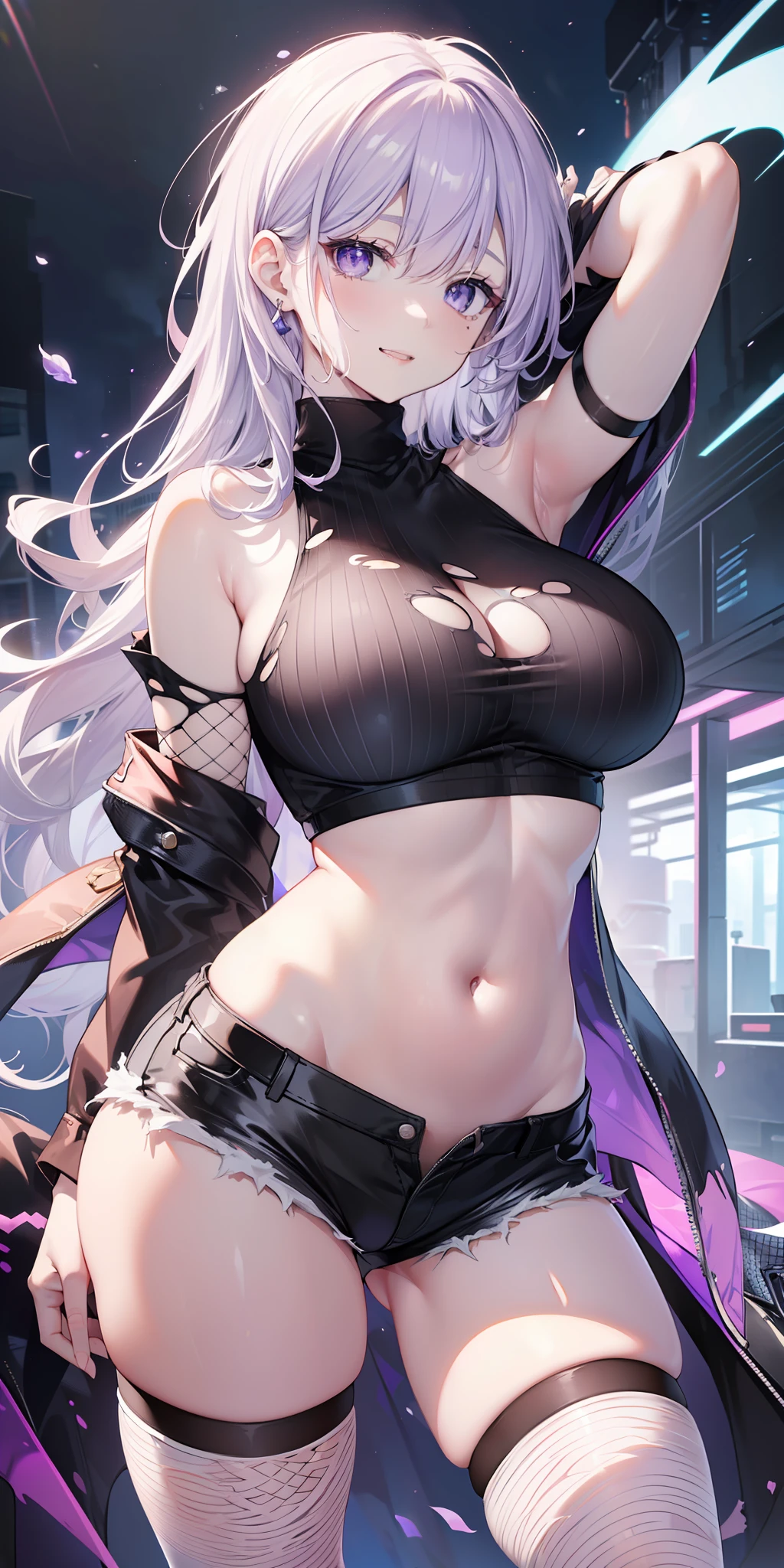 ((masterpiece)), ((best quality)), ((anime profile style)), ((HD 4k)), ((female character)), ((pale skin)), ((Beautiful body) ), girl, female face, happy, smiling, mouth, teeth showing, drooling lips, ((light lilac eyes)), eyelid, pupil, sclera, iris, eyebrow, eyelashes, ear, nose, ((giant lilac hair)) , ((fringe)), ((hair detail)), ((light effects on hair)), ((white turtleneck shirt)), ((torn short shorts)), ((tights white fishnet)), white sneakers, ((light effect on clothes)), ((body light effect)), neck, Shoulders, (thin waist), ((perfect belly)), arms, (( thick legs)), ((big thigh)), Background Story, Environment details, surrounding objects, ((The lighting)), viewer view
