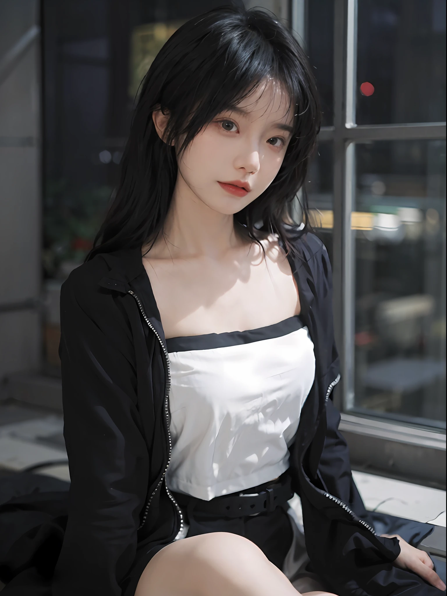 best qualtiy,tmasterpiece,超高分辨率,(true to life:1.4),1girll,Raised sexy,(Open black coat),(Black and white bandeau top:1.5),Black and white bandeau top,(Black pantsuit),(Night atmosphere:1.5), Glowing skin,A detailed eye, 二重まぶた,long whitr hair,White skin of the,Sitting charmingly on a tall building, Upper body photo