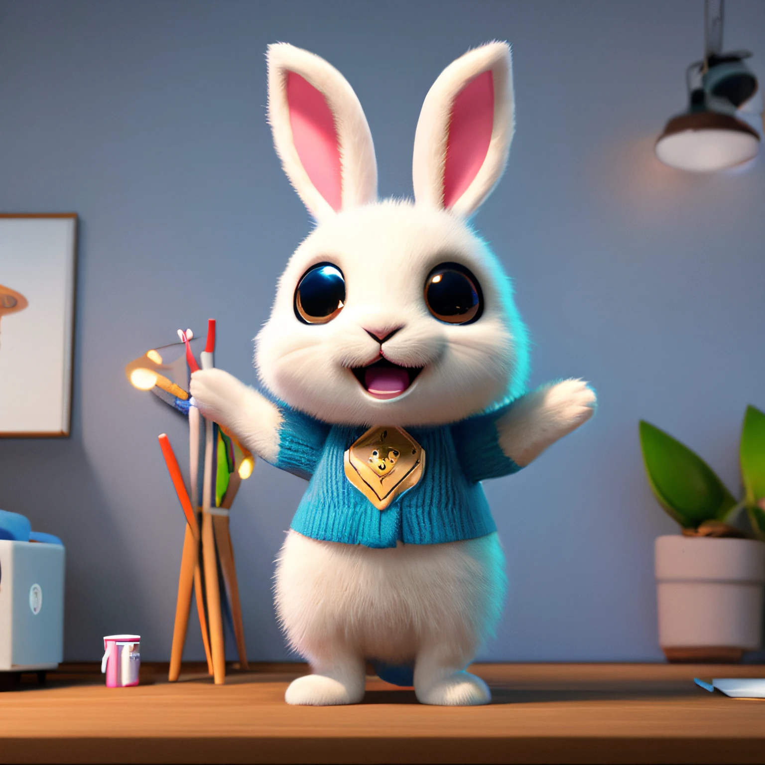 Cute adorable little bunny waving and smiling greeting me, unreal engine, cozy interior lighting, art station, detailed digital painting, cinematic, character design by mark ryden and pixar and hayao miyazaki, unreal 5, daz, hyper realistic, octane render, 3DMDT1