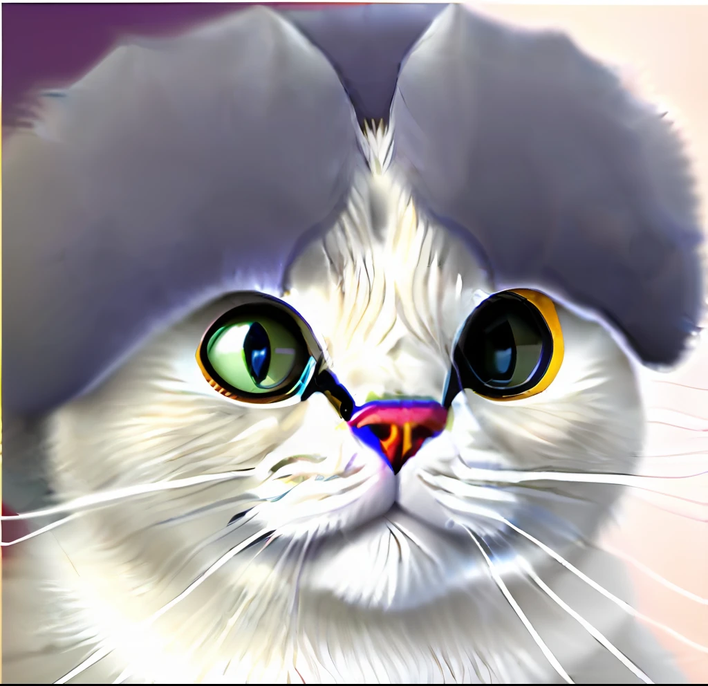 eine Katze,He wears a purple-gray human wig on his head,opens his eyes wide,ssmile,White fur