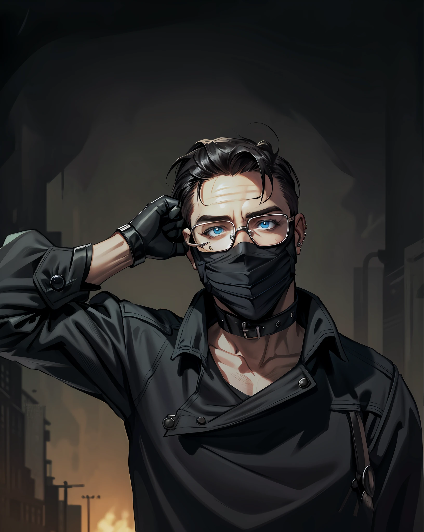 Young male, choker, gloves, glasses, cute,facemask , blue eyes, collar, pierced, covered face