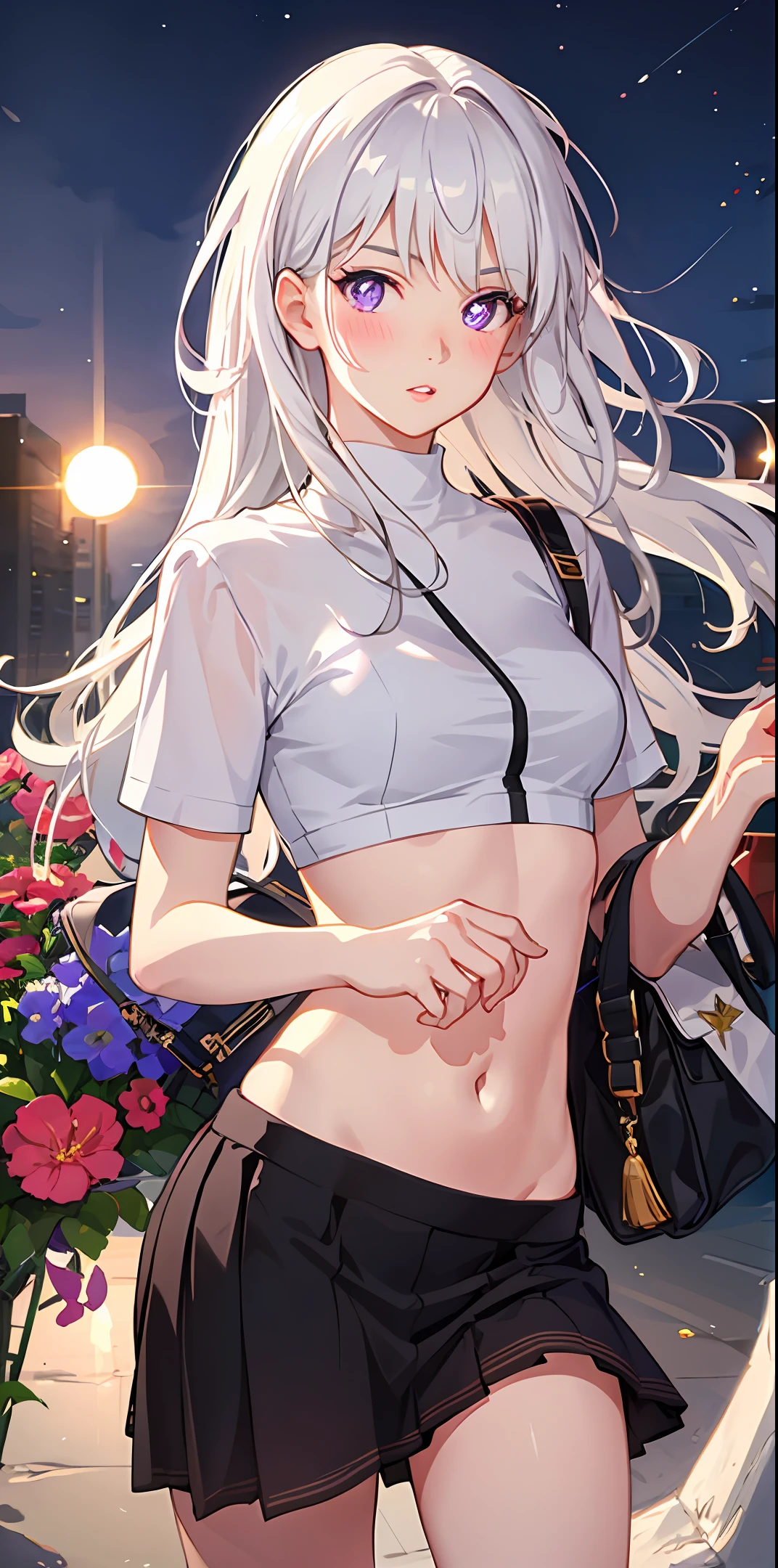 realistic, 1girl, white hair, purple eyes, glowing eyes, crop top, skirt, parted lips, blush, night, flowers, sun, sunlight,