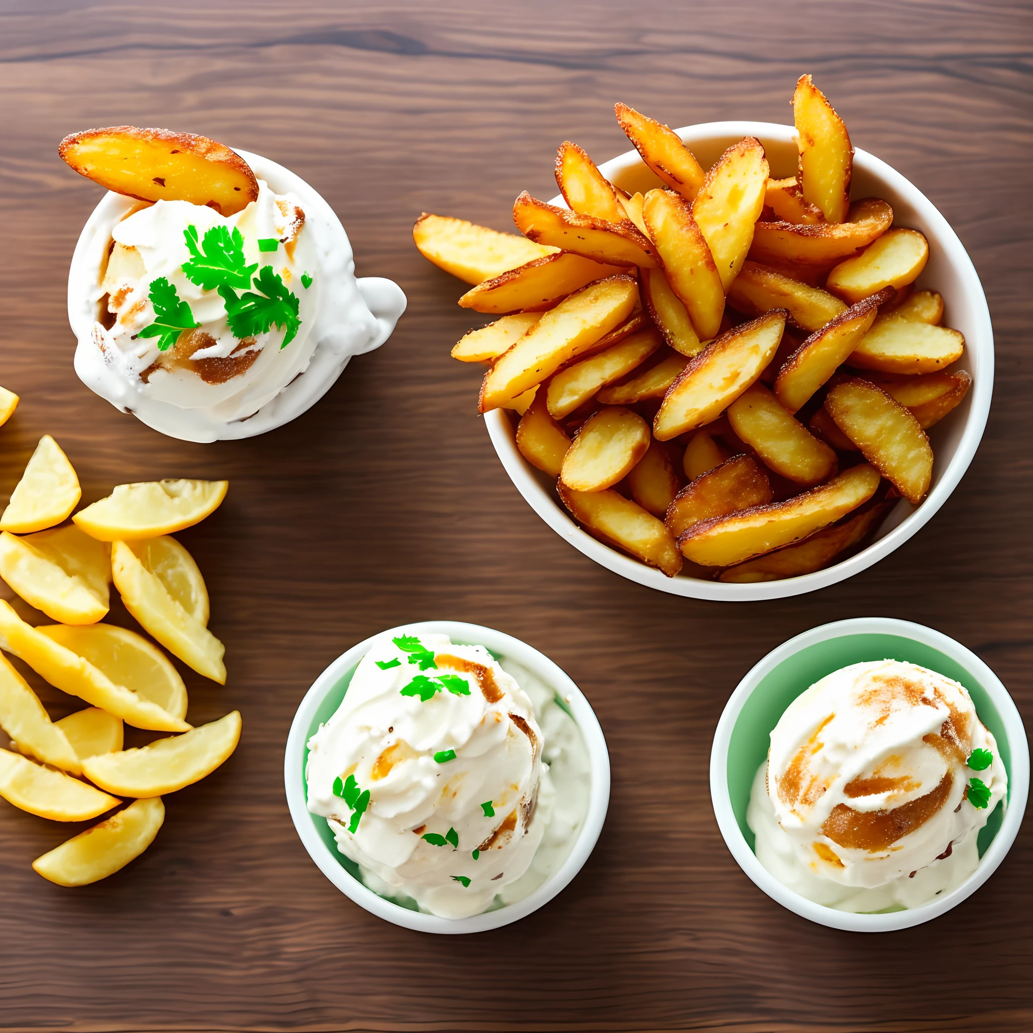 Un helado de distinos sabores con papas fritas y un resfesco verde