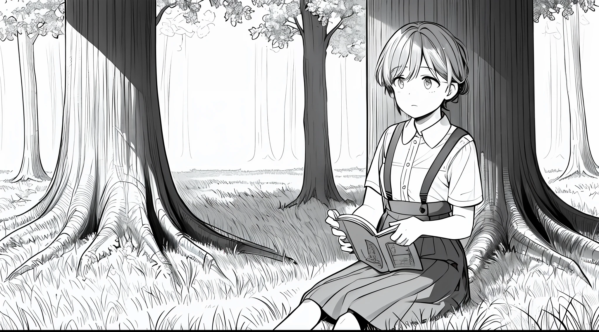 one-girl，Sit on the grass in the park，Forest sunlight in the background，Read alone，Wear suspenders，Confident and unrestrained，Filled with sad emotions