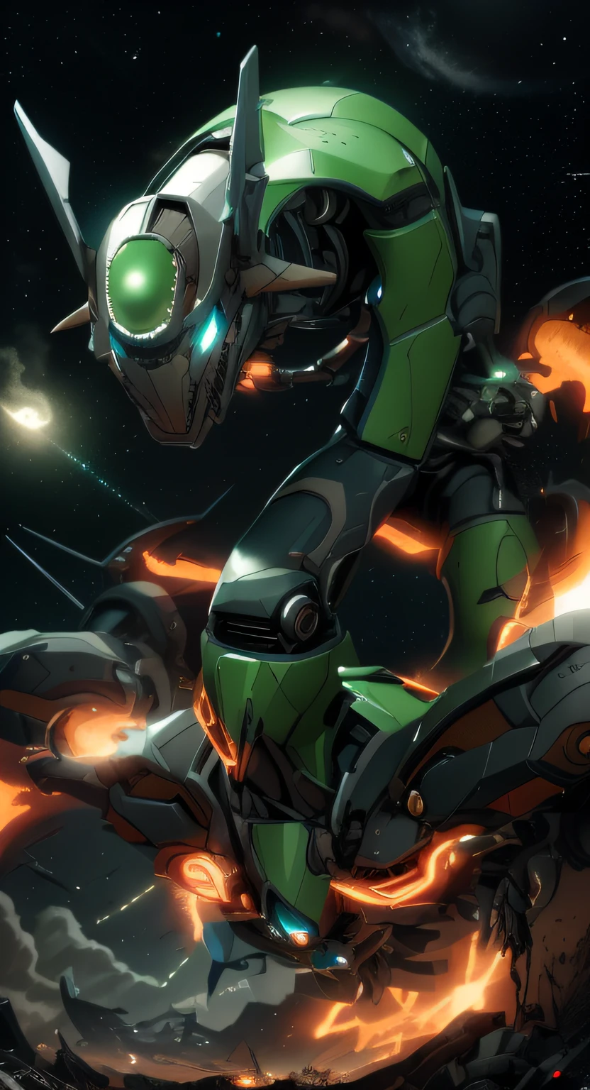 Ferocious Pokemon，Rift Empty Seat，Future machine dragon with mechanical gears，Fighting posture，Murderous，Mechs come with lighting effects，Armor crack empty seat，green color，Hover in the air，The background is a dark night sky，Starry sky dots，cinematic mood lighting，Miracles，dangerous，Sci-fi movie edge lighting，shock，eyes glowing，super detailing，CG style，by Pixar，Exaggerated surreal photos，oc rendered，Ray traching，best qualtiy，super detailing，3d effect，