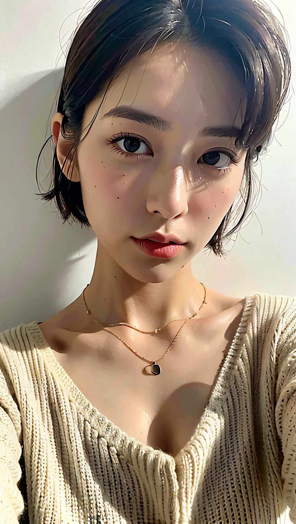 (Best quality, 8k, 32k, Masterpiece, UHD:1.2),Photo of Pretty Japanese woman, large breasts, very short bob hair,upper body,face focus,oversized_sweater, necklace, simple background, from above, looking at viewer,