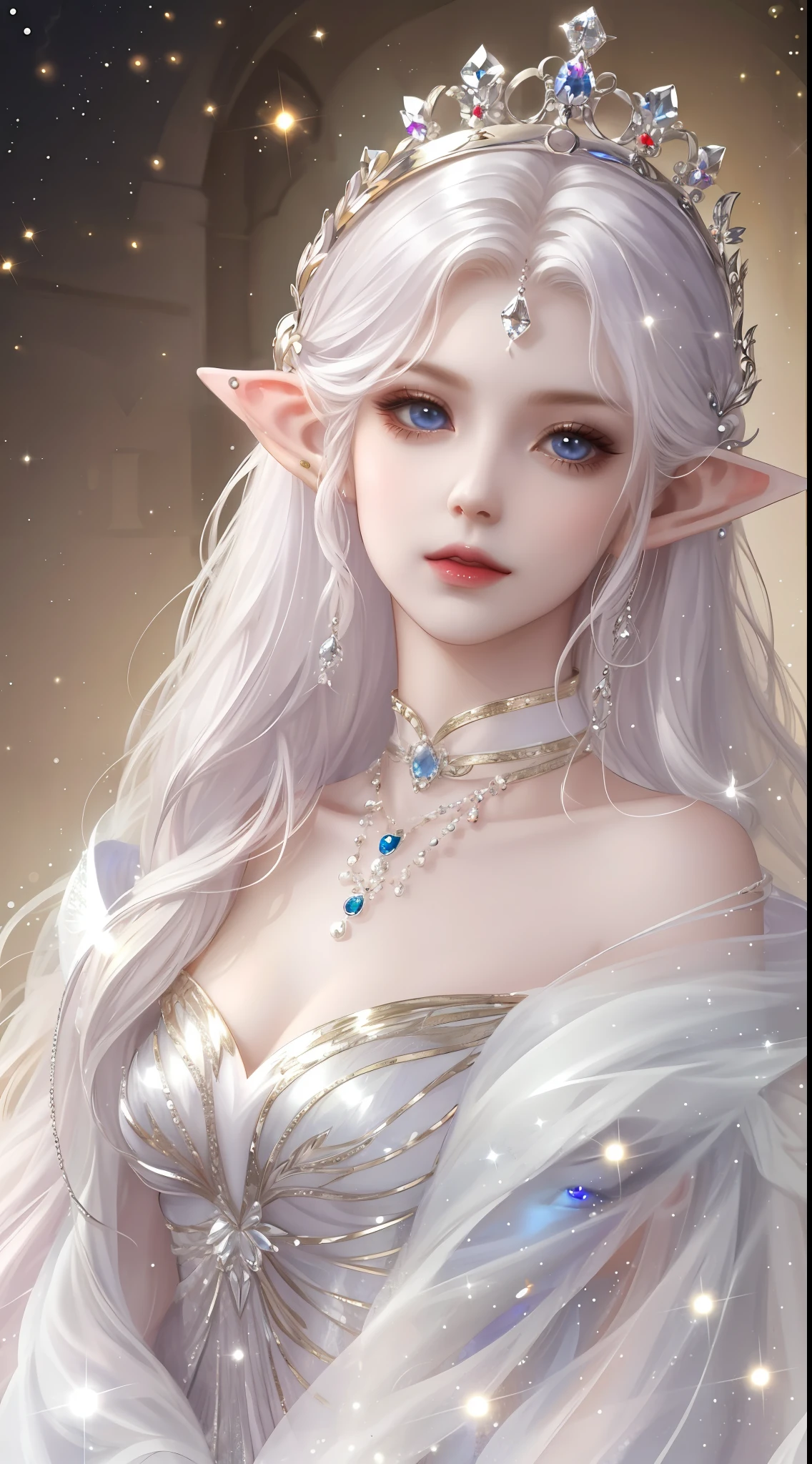 Woman with a crown，beautiful and elegant elf queen，(long  white hair，White-colored skin，Elf Girl，The skin is translucent white，sparkle in eyes，Gorgeous costumes，Crystal shoes)，beautiful  face，Lonely pale face，Guvez fantasy art style，8K high quality detailed art，tmasterpiece，top Quority，best qualtiy，offcial art，（Beautiful and aesthetic：1.2）