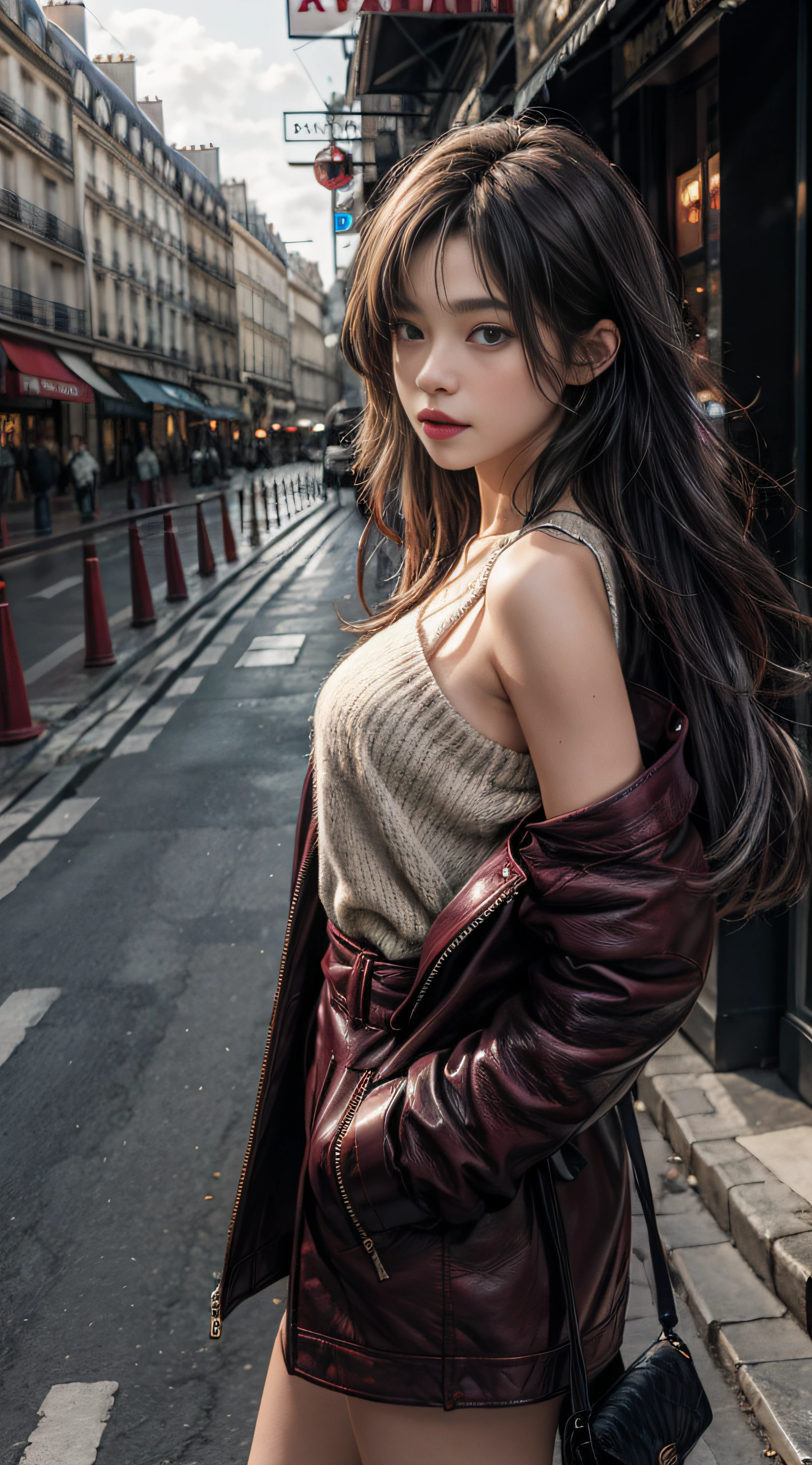 Gray sweater，Extra-long hair，Exposed shoulder，Burgundy leather coat，Paris