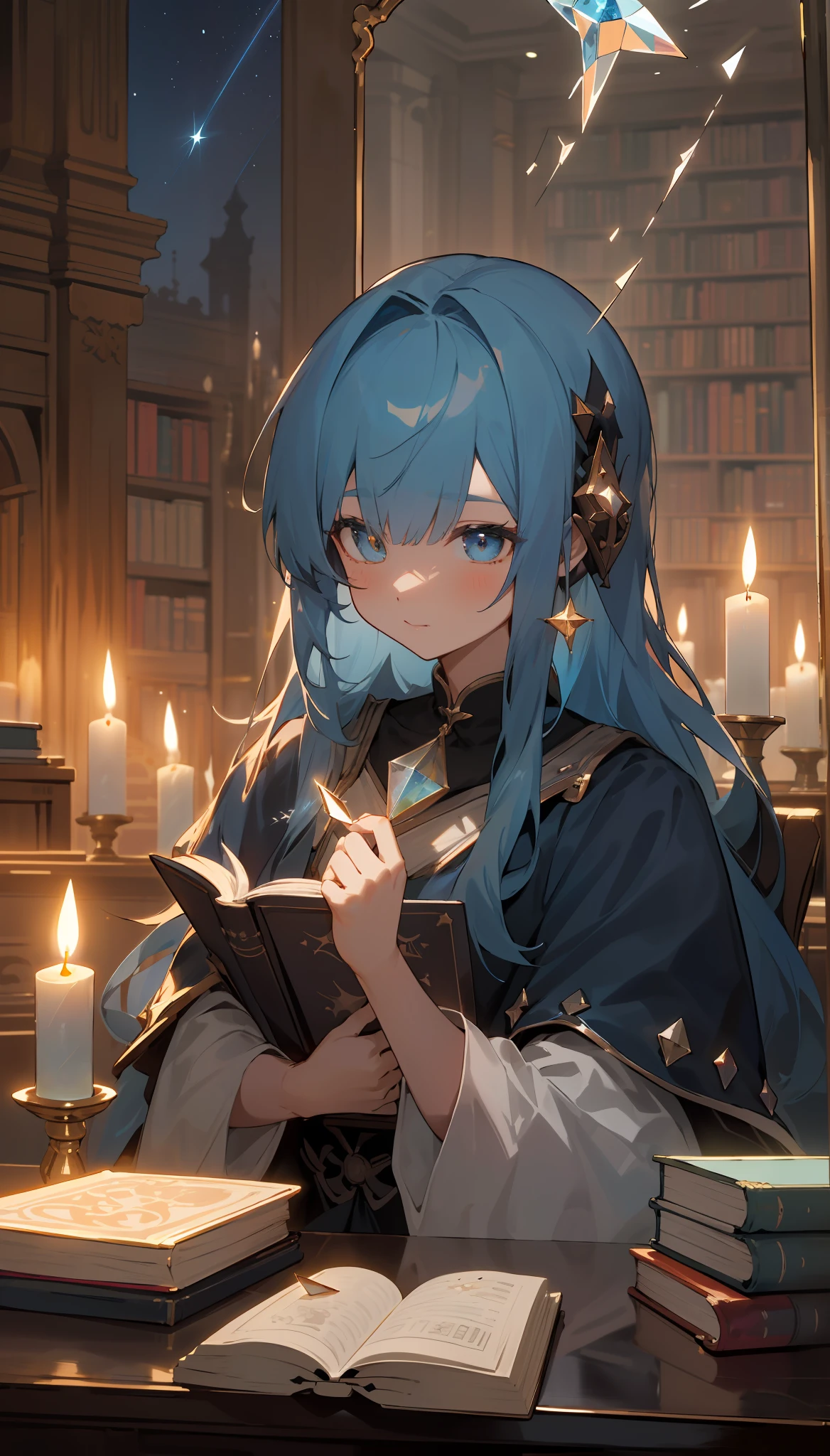 HighestQuali、intrincate detail、8K、A high resolution、libraryai、Long-haired girl with blue hair、Upper body is shown、desks、waxy candles、Magic Book,(Fantasy world)、starrysky、Dim、Glass shards、Light blue multi-faceted mirror、A small fox lies on the table、