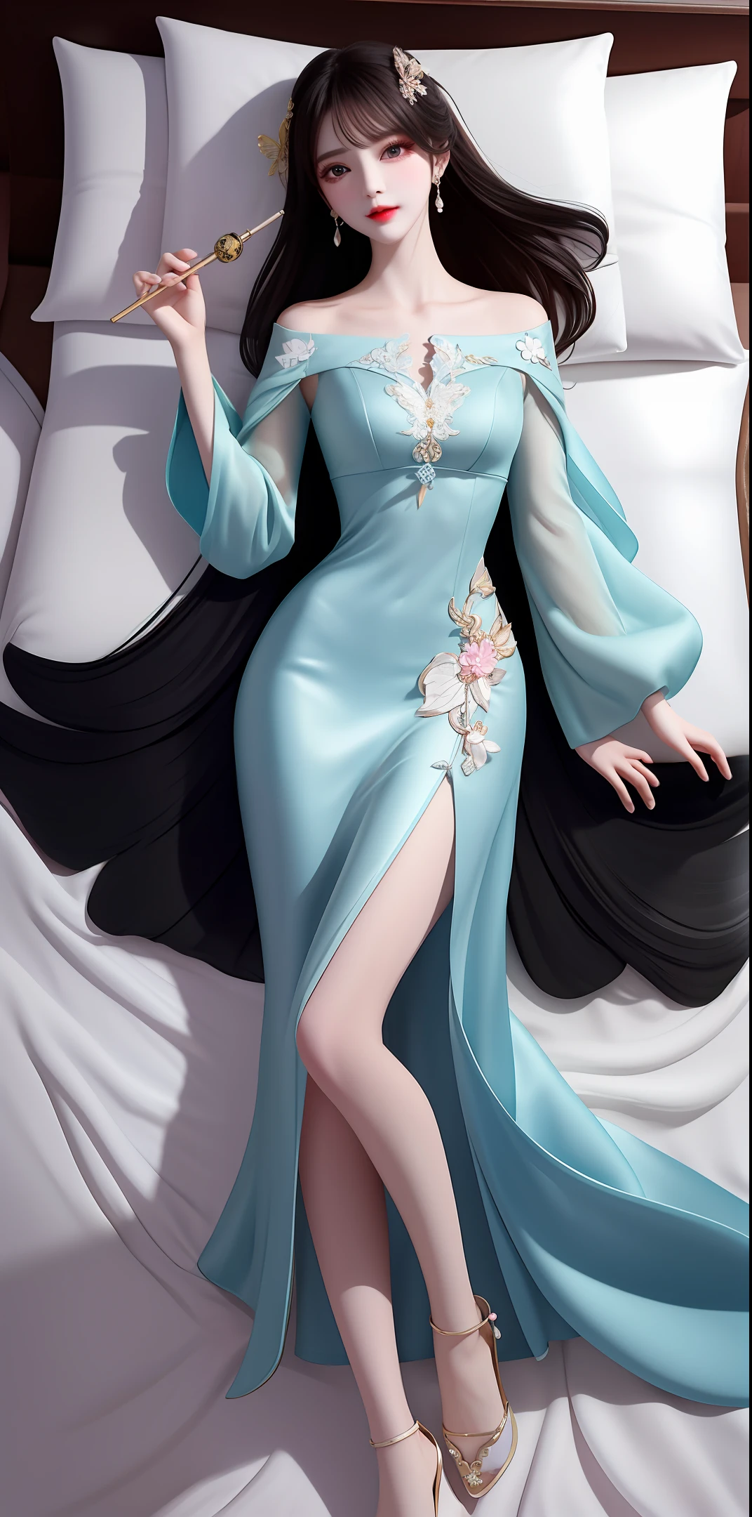 Long black hair spread out around the pillow，Eyes narrowed slightly，Eyelashes as long as butterfly wings cover the delicate little face
Nice shadows，The luxurious dress clings to the graceful curves，The slender legs are elegantly folded，Be more feminine
How feminine is flattering，How beautiful and how beautiful it is。
He also held a jade bong，Put it in the red lips every now and then，Take two puffs，Then spit it out
Cloud。
Delicate skin、The demeanor is laid-back、Beautiful eyes are looking forward to it，The body is extremely sexy