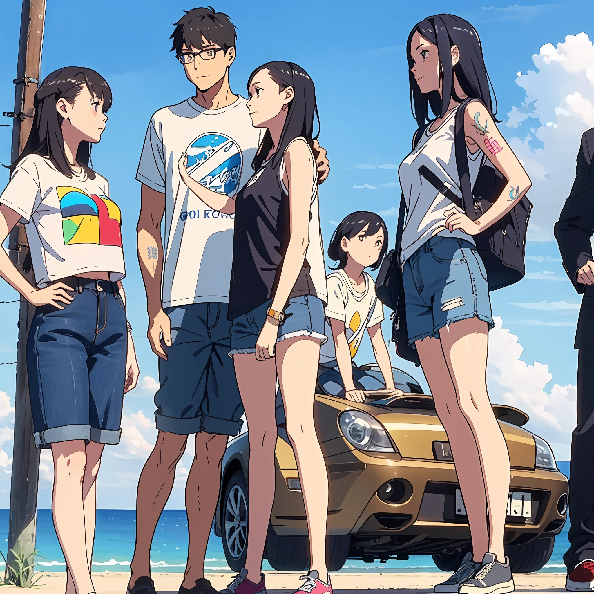 Afternoon Beach Four main characters,The female characters are the shortest and fattest,with glasses,Ball head,wear blue dresses。Female characters, double high school, etc,Slightly plump,long whitr hair,White T-shirt on the top,Denim shorts on the bottom。Male characters of medium height,short detailed hair,blue tshirts,short white pants。The male figure is the tallest at four,short detailed hair,There is a tattoo on the upper end of the left arm,Wear a black sleeveless T-shirt,Patterned shorts。The fourth male character and the female character one are couples。 --auto