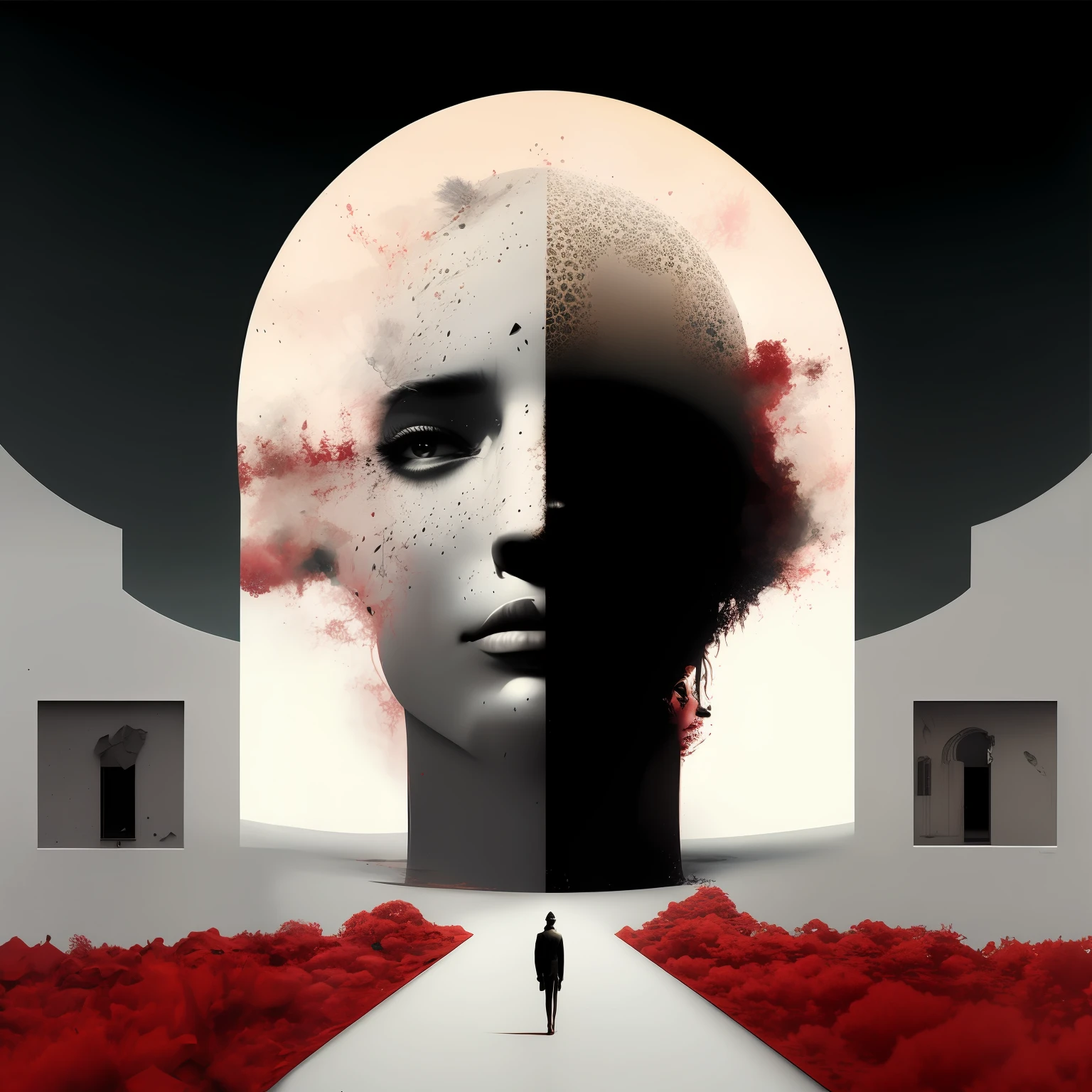Hay un hombre caminando por un sendero con una cabeza gigante, Yuri Shwedoff y Tom Bagshaw, Surrealist illustration, symmetrical portrait scifi, Surrealist composition, Retrato surrealista, escena surrealista, Beksisnski, por Kurt Roesch, Neosurrealismo. Arte digital, Arte surrealista emocional, Surrealismo abstracto, Artstyle Tom Bagshaw, Arte Tom Bagshaw --auto