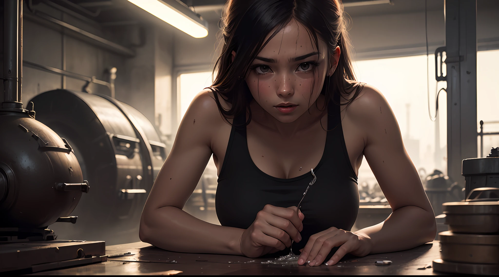(masterpiece, best quality), estilo sucio, dark factory,(1girl), harapos, sucia de grasa negra, sweat and rust, trabajando en auto, ambiente peligroso, dim lighting.