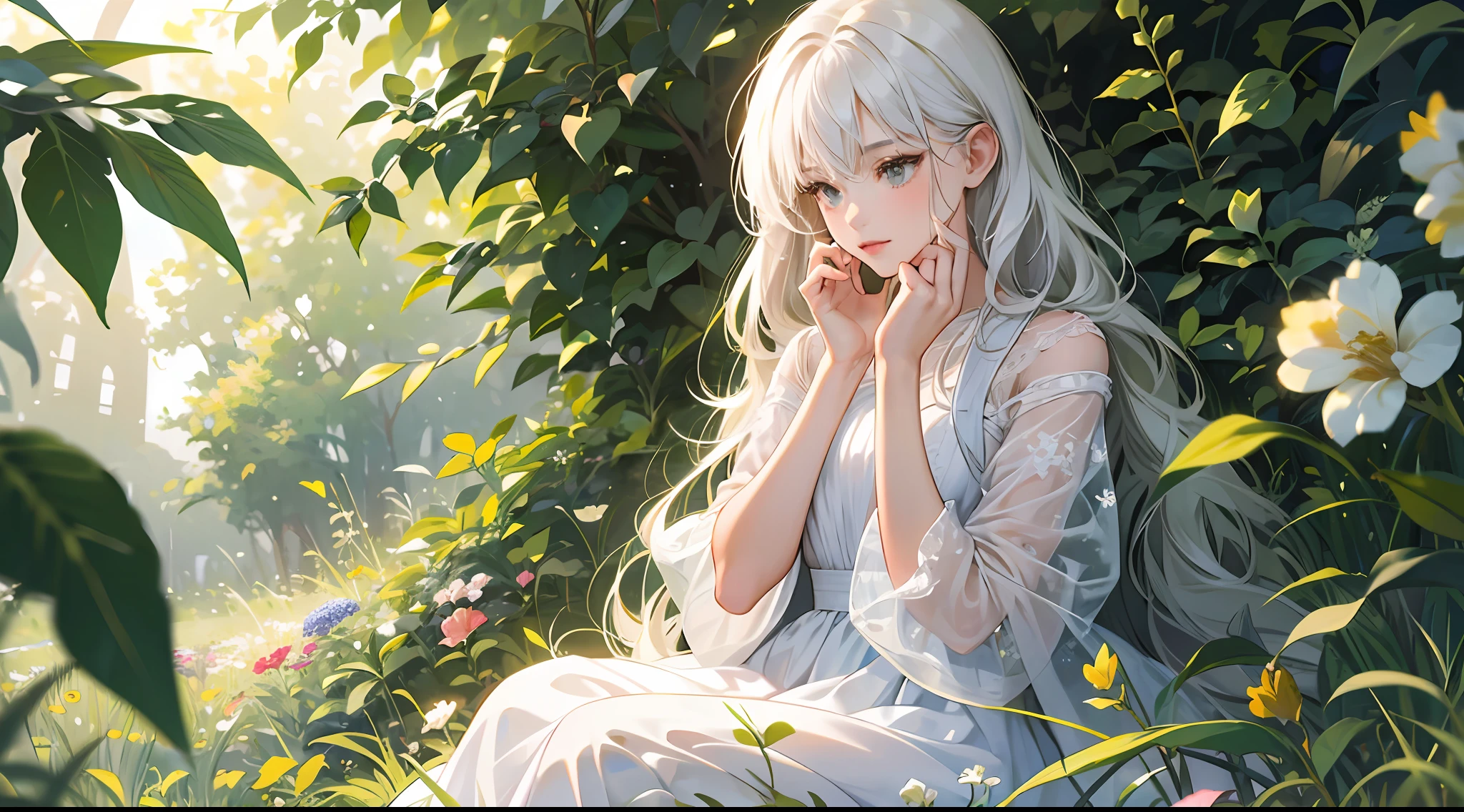 (masterpiece, best quality),1girl with long white hair sitting in a field of green plants and flowers, her hand under her chin, warm lighting, white dress, blurry foreground