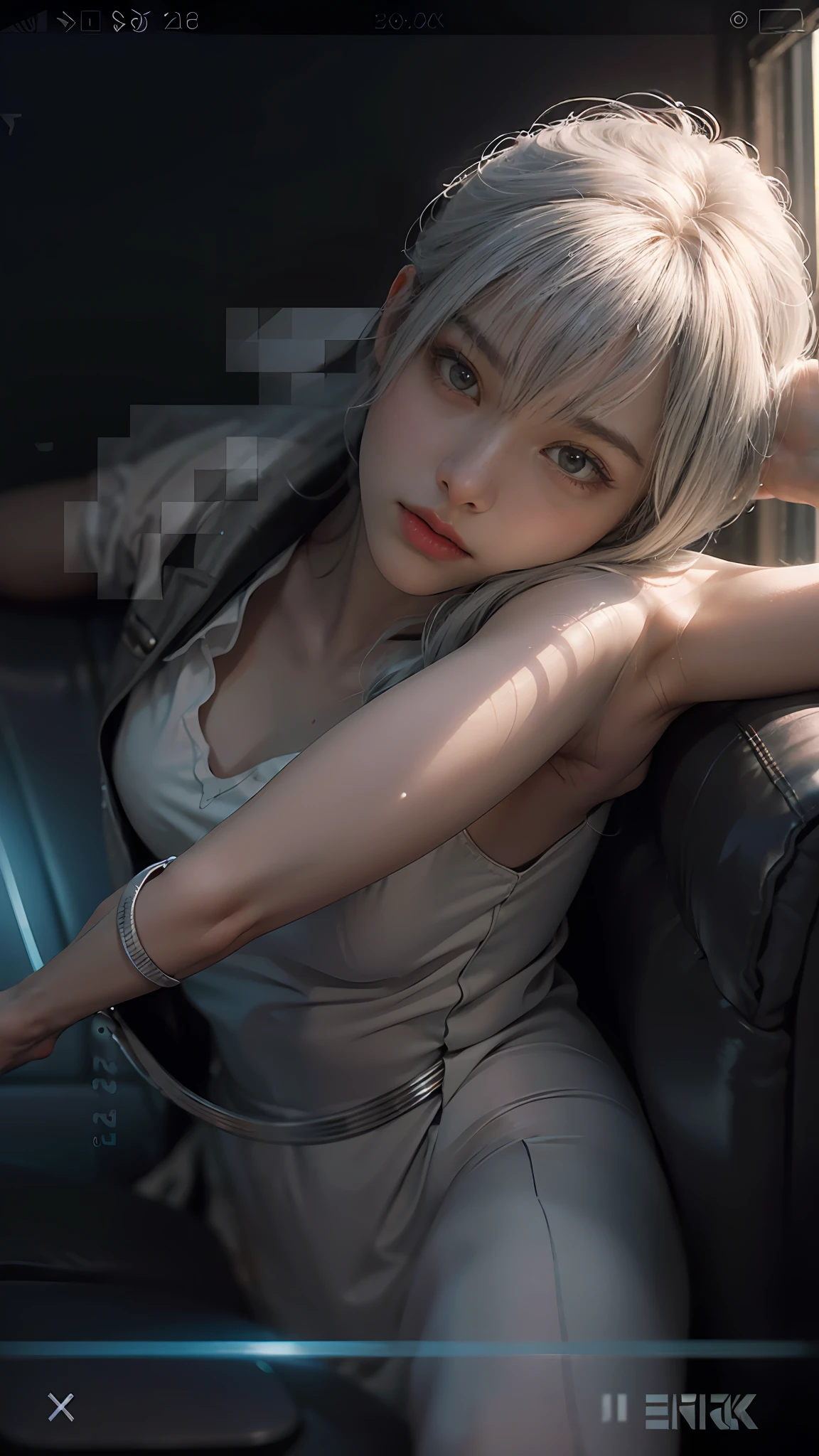 "(CG Unity 8K wallpaper in extreme detail,tmasterpiece,Highest image quality),(Delicate light and shadow,The picture is highly dramatic,Cinematic lens effect),A girl in a white Spider-Man costume,Silver-gray hair color,From the Spider-Man parallel universe,Wenger,Marvel,Spidey,sitting in the couch,dynamicposes),(Exceptional detail,The lighting effect is outstanding,Vista wide angle),(Excellent rendering,Enough to stand out from the crowd),The focus is on the white Spider-Man costume,Complex spider textures。"
