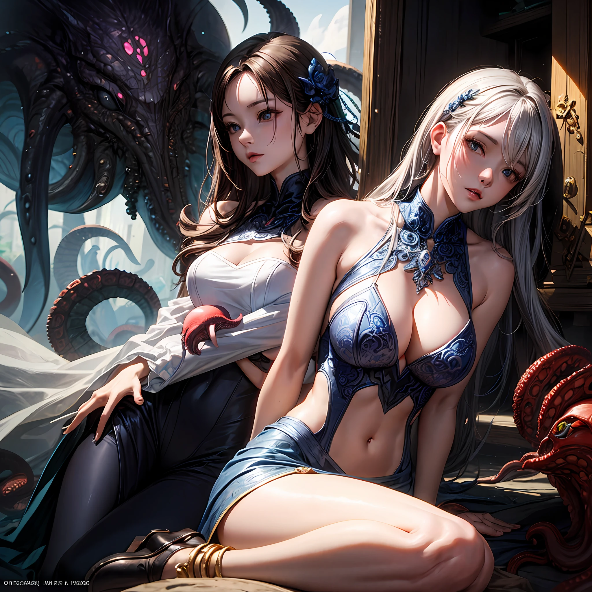 a close up of a woman in a women in a silver and blue dress, chengwei pan on artstation, by Yang J, detailed fantasy art, stunning character art, fanart best artstation, epic exquisite character art, beautiful armor, extremely detailed artgerm, Detailed digital anime art, Artgerm on ArtStation Pixiv, armor girl,an octopus,Cthulhu,mito,tentaculata,Normal chest