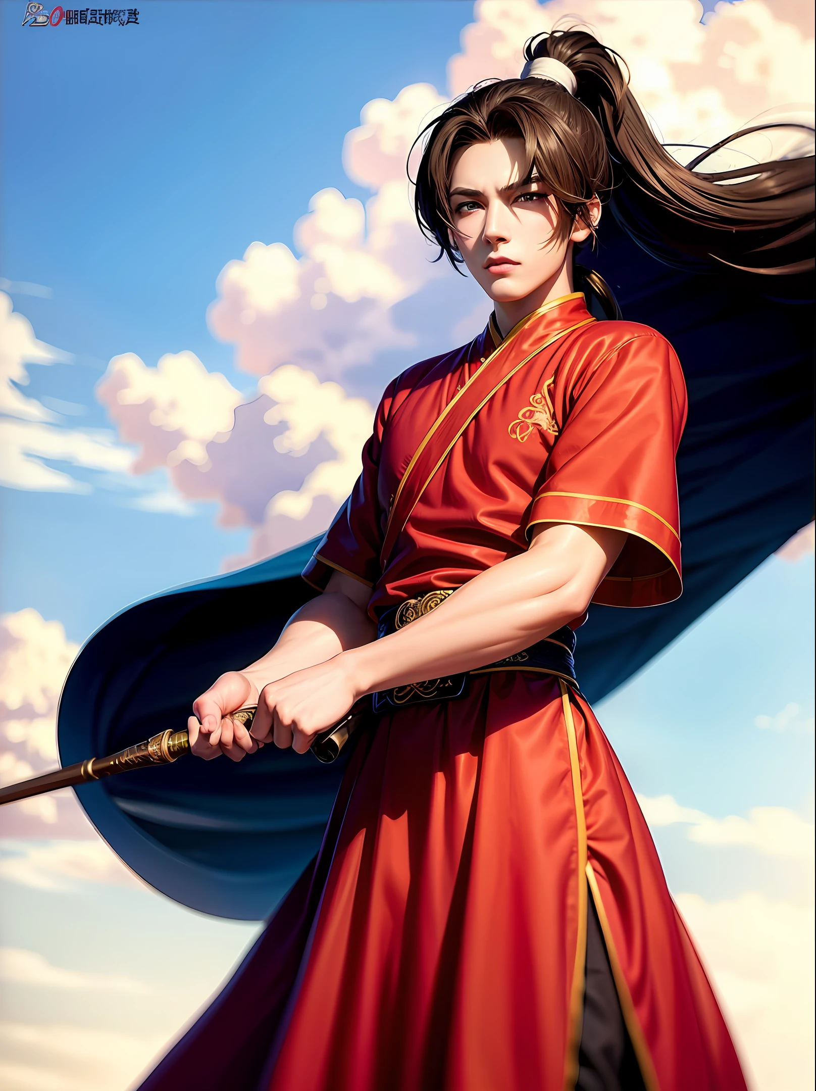 Chinese style, ancient style, warrior, magic road, black Hanfu, red headband, high ponytail, ancient beautiful man, two-dimensional anime style, boy, handsome, heroic, youthful