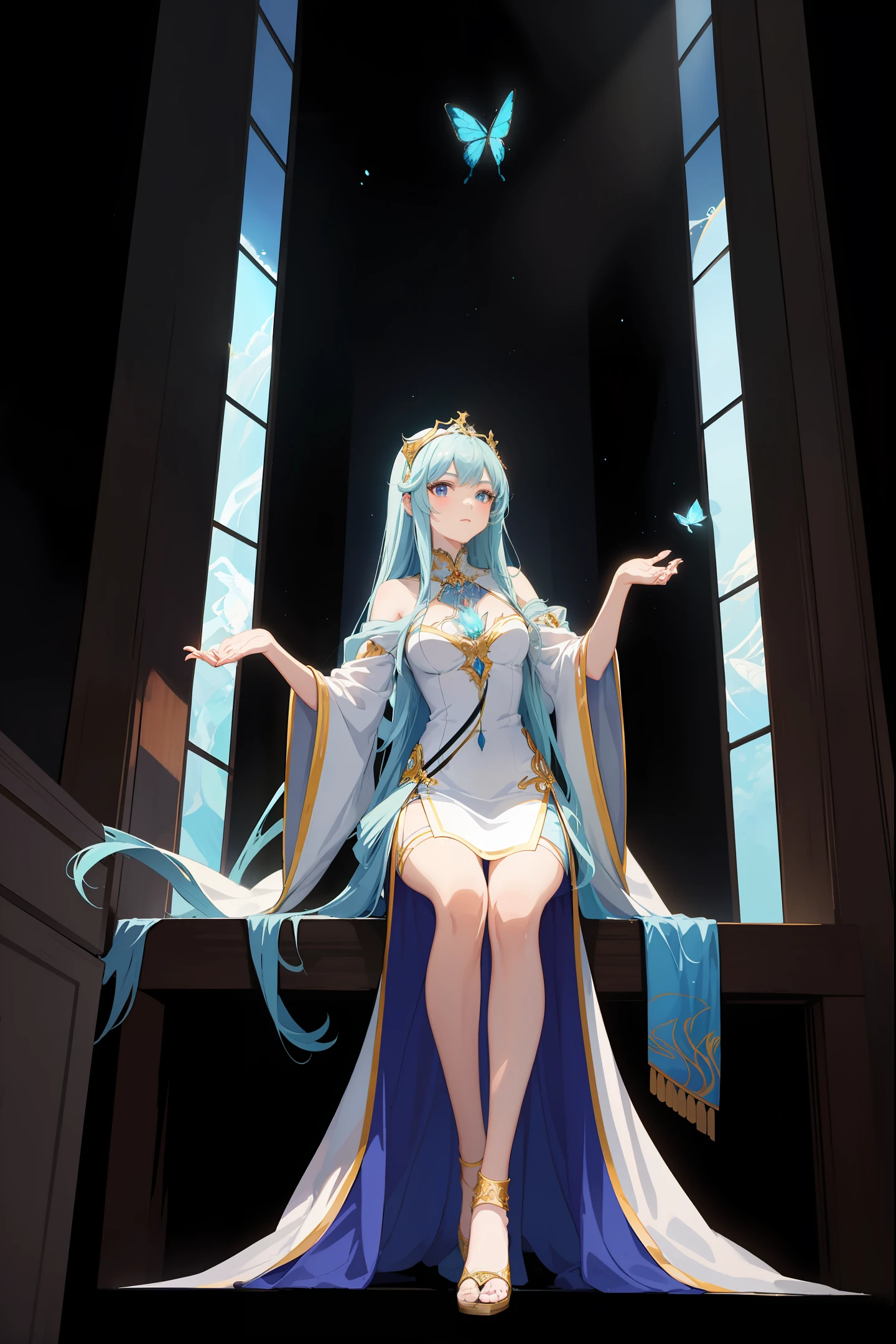 anime girl in a long dress with a butterfly in her hand, an anime drawing inspired by WLOP, pixiv contest winner, fantasy art, beautiful fantasy anime, cute anime waifu in a nice dress, anime goddess, anime fantasy artwork, 8k high quality detailed art, beautiful anime girl, ((a beautiful fantasy empress)), flowing magical robe, ethereal anime