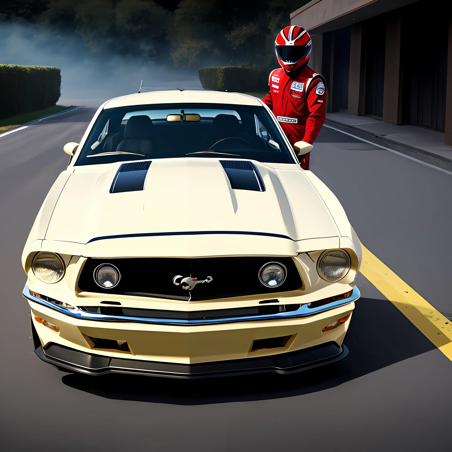 [Real Photo] [1968 Ford Mustang Shelby], [breathtaking two-color painting 70% red 30% white] clean highly detailed, photorealistic masterpiece, professional photography, realistic car, [isometric], vibrant color, volumetric mist, 8k UHD, DSLR, high quality, grain film, Fujifilm XT3 [Breathtaking car paint, red base and white accents] [the Outsystems logo and phrase in 3D luminous sign] [1 men, Cristiano Ronaldo as Driver] [the driver of the car is dressed in a racing suit and helmet, he is going to get into the car] [the car is facing the camera] [movie scene]