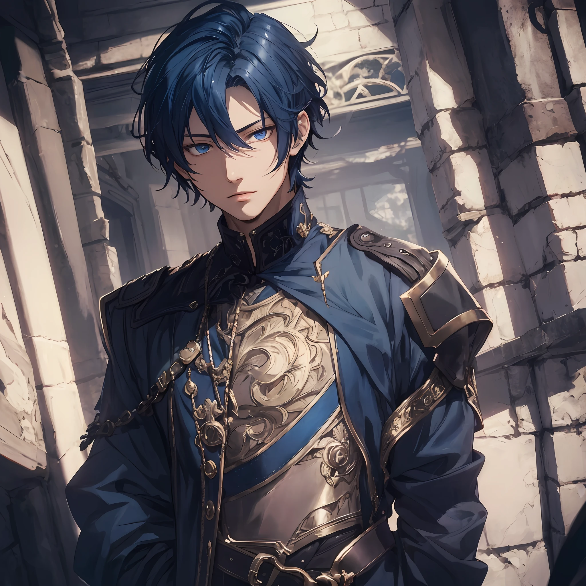 masterpiece, best quality, 1boy, ager, male focus, solo, dark blue hair, short hair, blue eyes, looking at viewer, closed mouth, Fantasy aesthetics, Highly detailed, shadowverse style