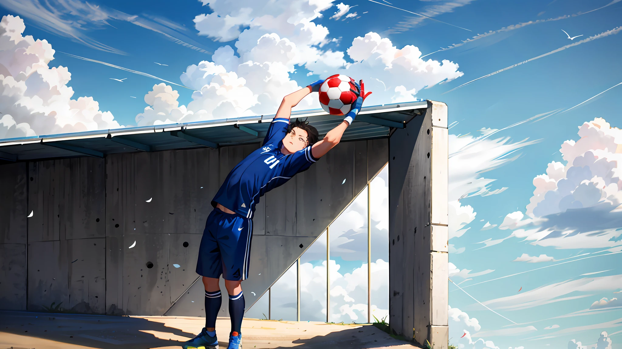 A young football goalkeeper, Leaving your upper body diagonally above the goal, Grasp the flying football with both hands, But he keeps his feet on the ground, The waist is a spring that is being pulled apart
