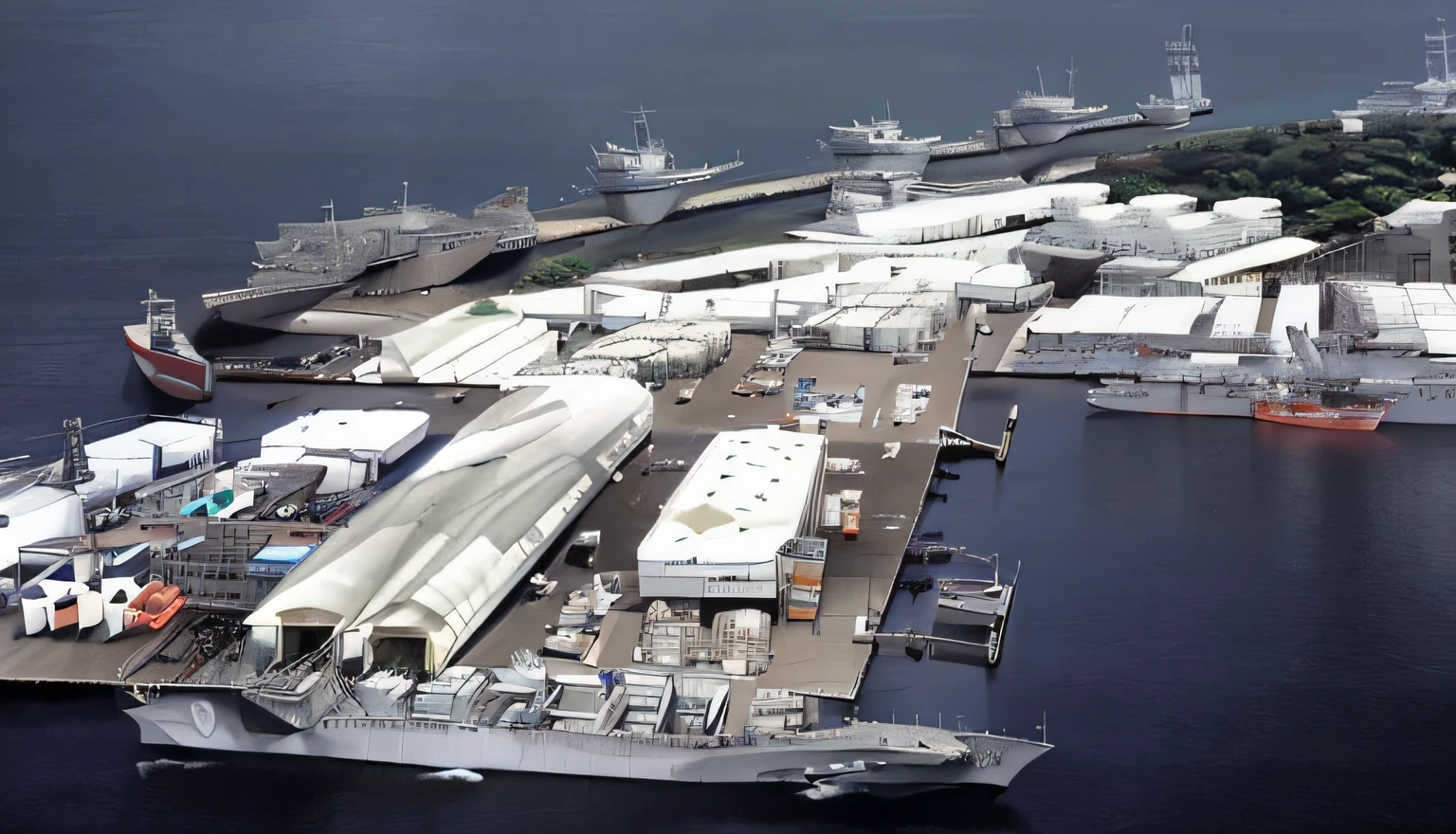 The ship Alafede docked in port,The background is a large ship, shipping docks, USS Nimitz, shipyard, 2000s photo, aerial shot, military base, aircraft carrier, trading depots, author:Dan Scott, ballard, The Big Island of Hawaii, looking from above, arial shot, Overhead shot, antigo, aircraft carrier scene