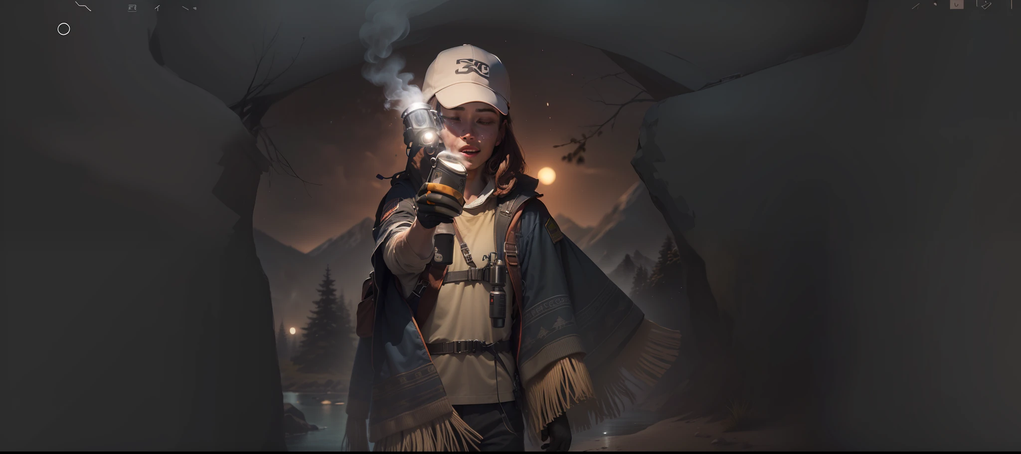1 Man ((Upper Body Selfie, Happy)), Masterpiece, Best Quality, Ultra Detailed, Solo, Outdoor, (Night), Mountains, Nature, (Stars, Moon) Cheerful, Happy, Backpack, Sleeping Bag, Camping Stove, Kettle, Hiking Boots, Gloves, Sweater, Hat, Flashlight, Forest, Rock, River, Wood, Smoke, Shadow, Contrast, Clear Sky, Simulation Style (View Audience: 1.2) (Skin Texture) (Film Grain: 1.3) , (Warm Colors, Warm Colors)