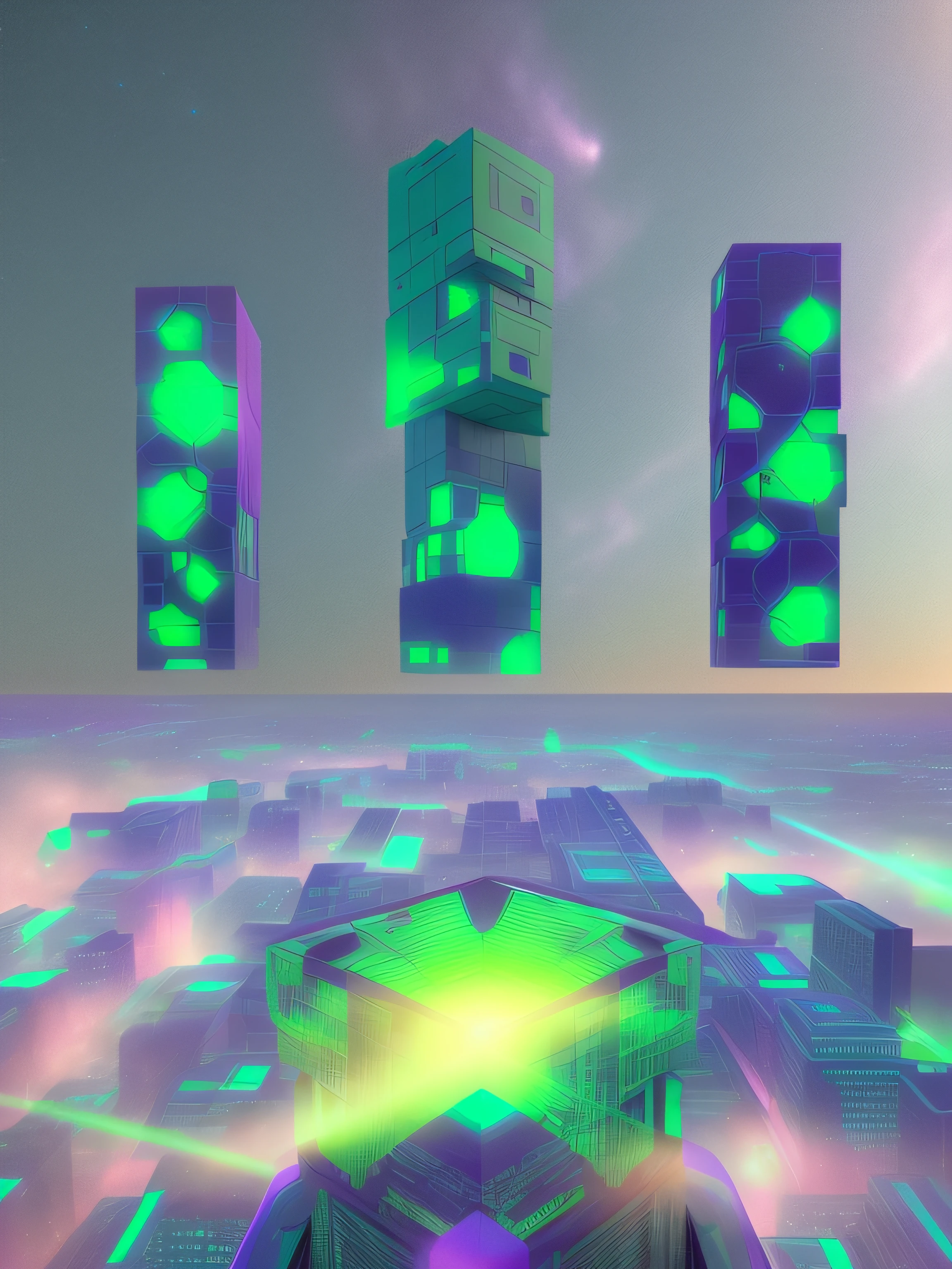 Purple and green boxes,The background is the city skyline, The sky has nebulae,holography space, depth map, Terrain scanning, rectilinear vaporwave, 2 d depth map, skybox, point cloud, holography space, 3D image, intense subsurface scattering, hard surface model, year 2 0 4 0, volumetric lighting iridescence, Gryble Copywriter "SPACE ARK 2020"