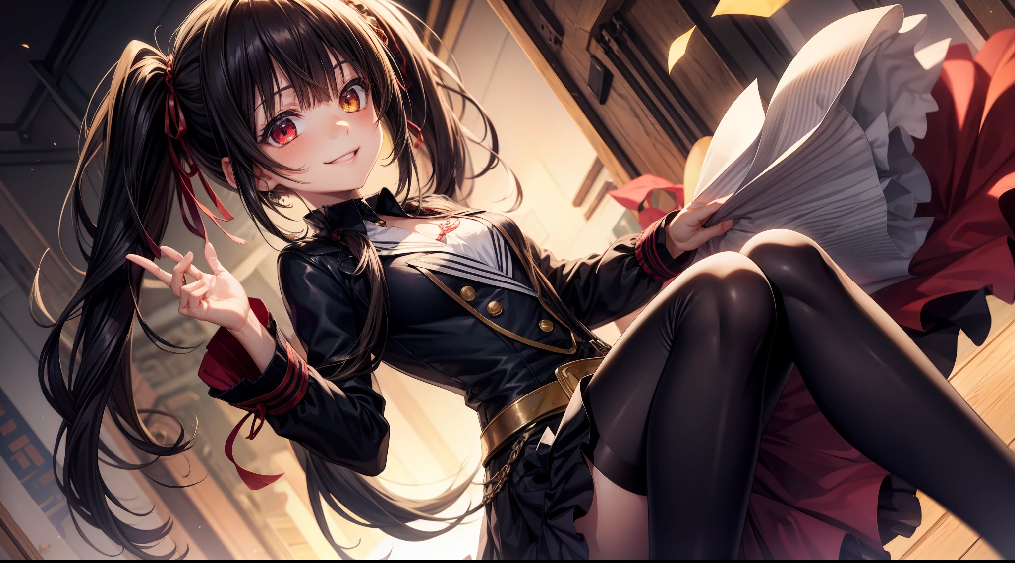 {heterochromia}, {tokisaki_kurumi}, {1girl}, {red_eyes}, {long_hair}, {solo}, {yellow_eyes}, {twintails}, {black_hair}, {black_legwear}, {smile} extremely refined, kawaii image, anime girl, anime style,a smile on your face