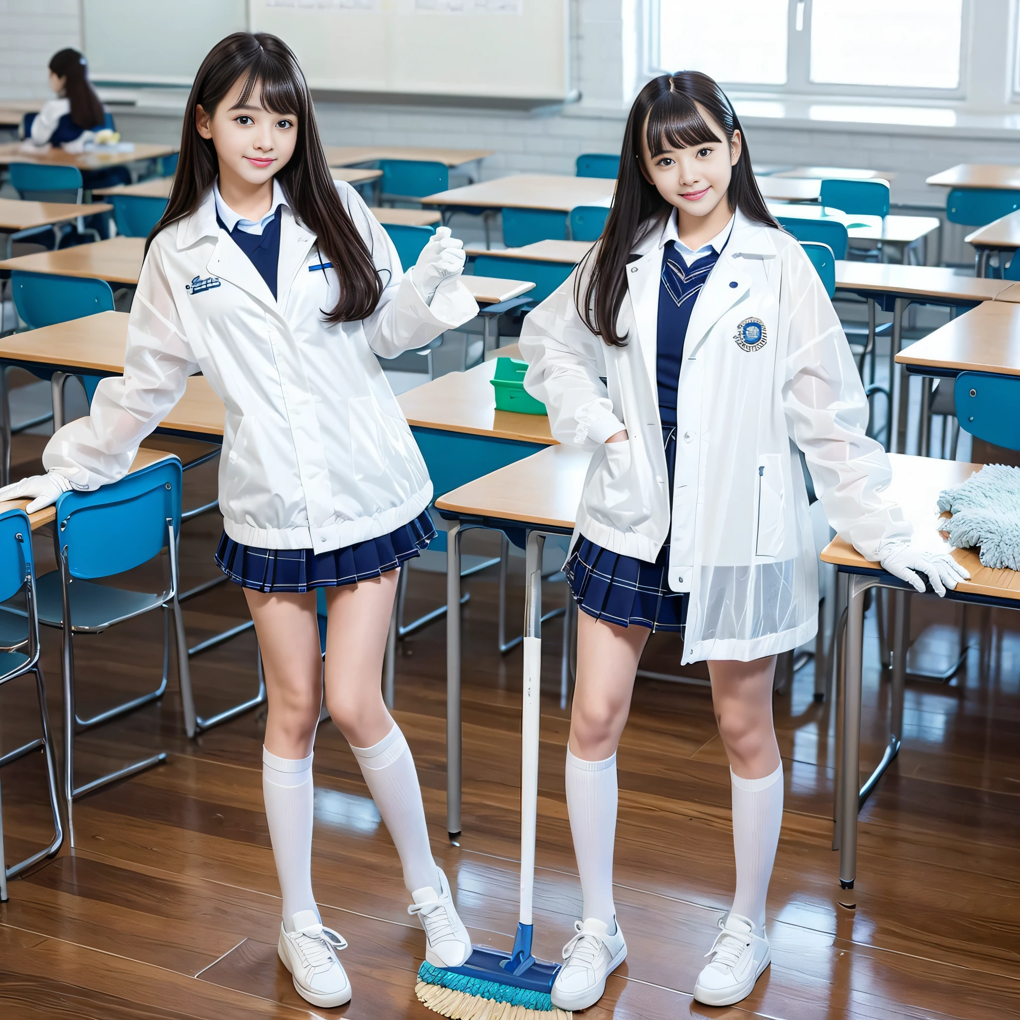 Female high school student White latex gloves Clear raincoat Bare legs White socks White sneakers Hold a broom cleaning class in the classroom --auto