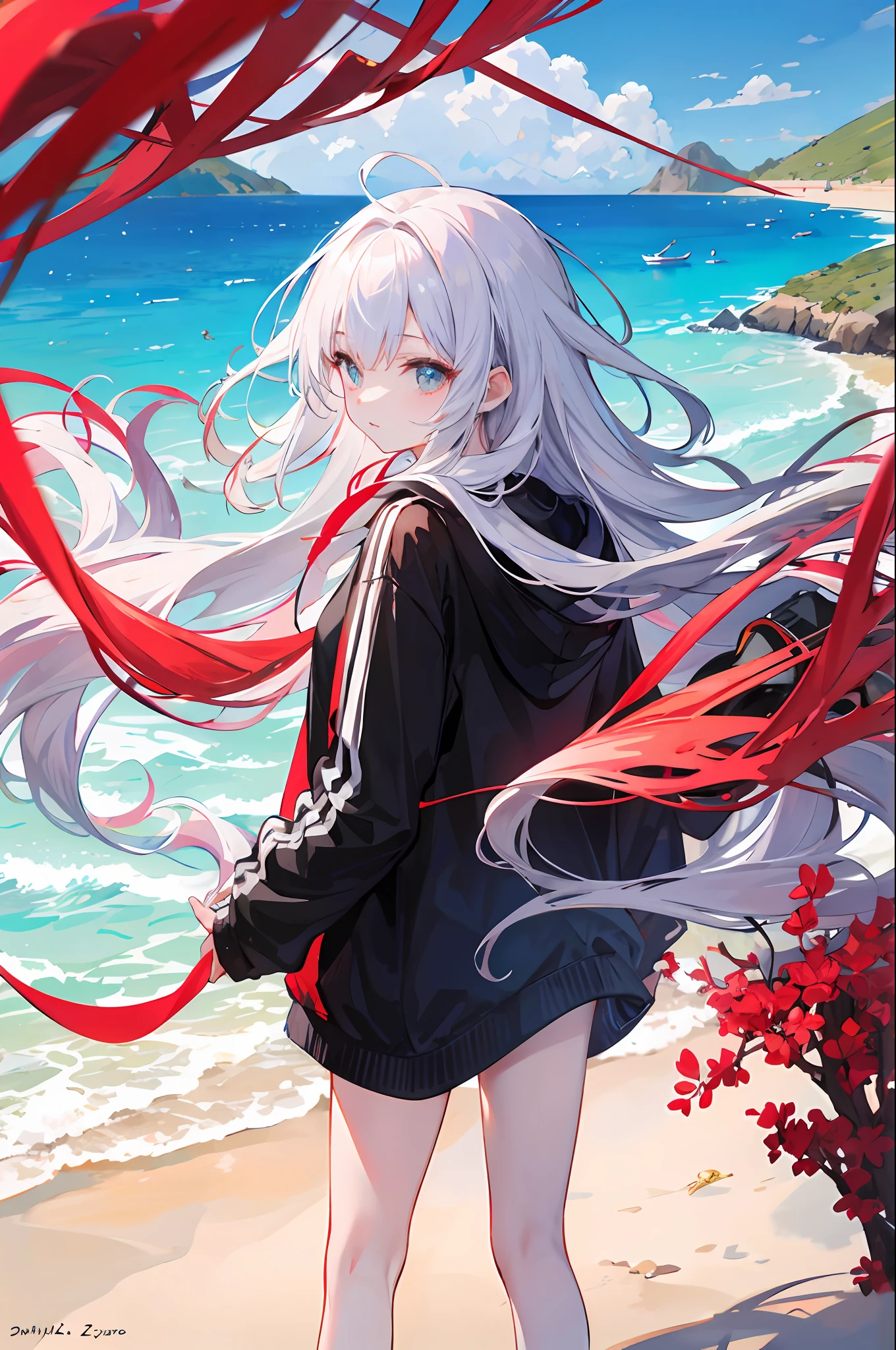 Kizi，whaite hair，long whitr hair，Black sweatshirt，Manteau，Back shadow，red seawater，Red Sea，Blue sky，white beaches