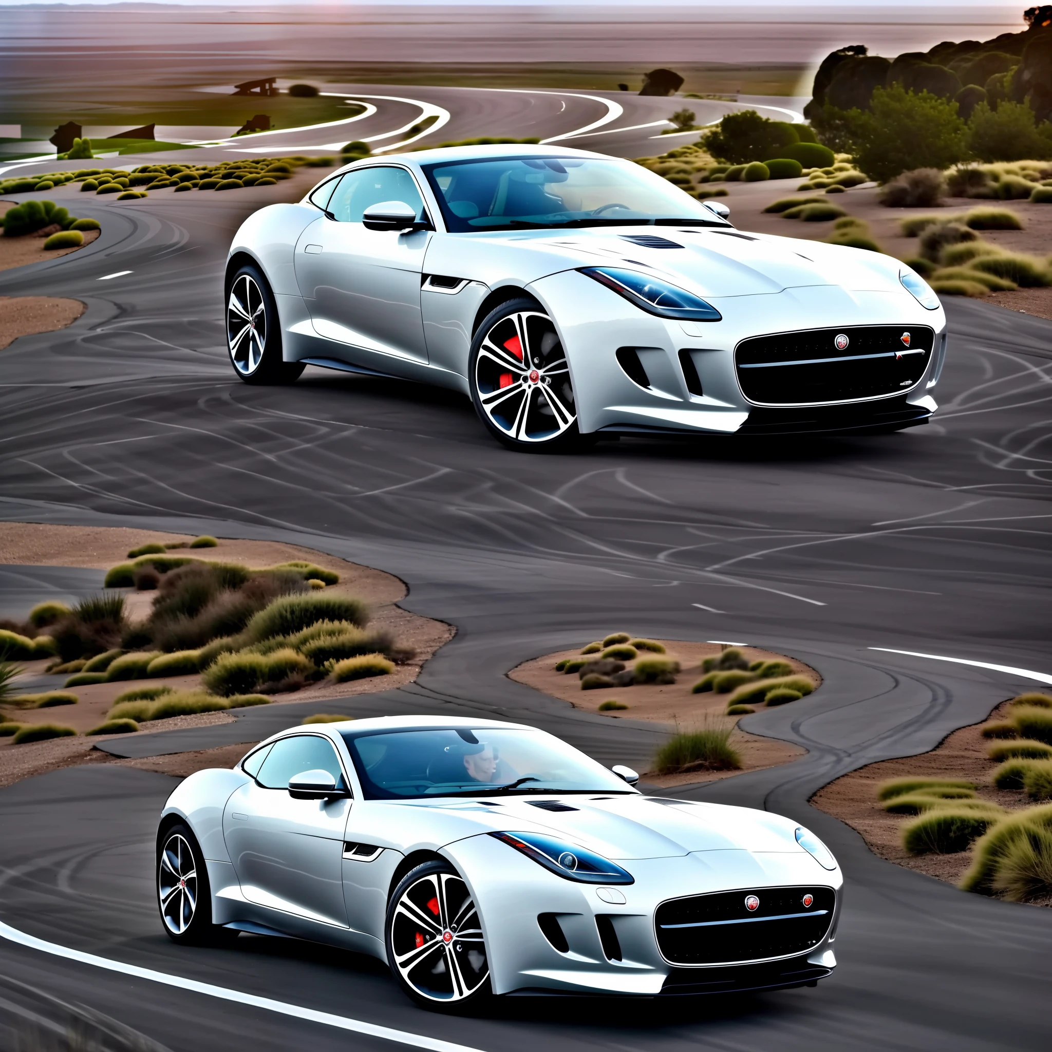 One white jaguar f-type sports car, On an American highway in the desert with yellow stripes on the road, "Car" - Jaguar F-Type, sports car, Created in Jaguar. "Jaguar" - F-Type — модель Car, Manufacturer Jaguar. "sportcar" - Jaguar F-Type classified as a sports car. "design" - F-Type has an expressive and stylish design, Characteristics of the Jaguar. "Performance" - The car has high performance and dynamics. One white car, 4k , Unrealistically detailed, amazing quality --auto