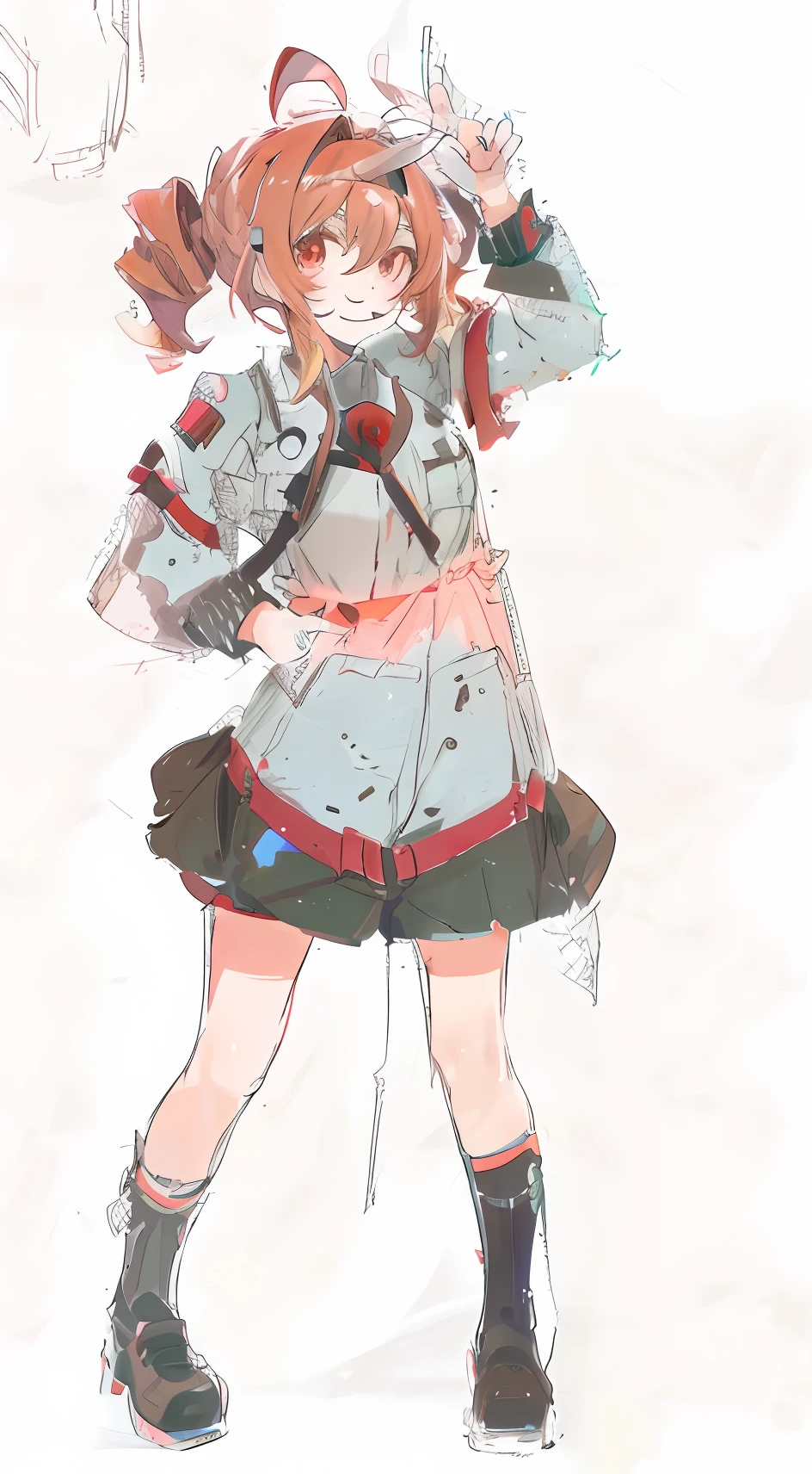 curvy, detailed clothes, twin drills, ahoge, peace pose, street background, war, millitary, cute girl looking at the horizont with two brown husky in his side, smile, red eyes