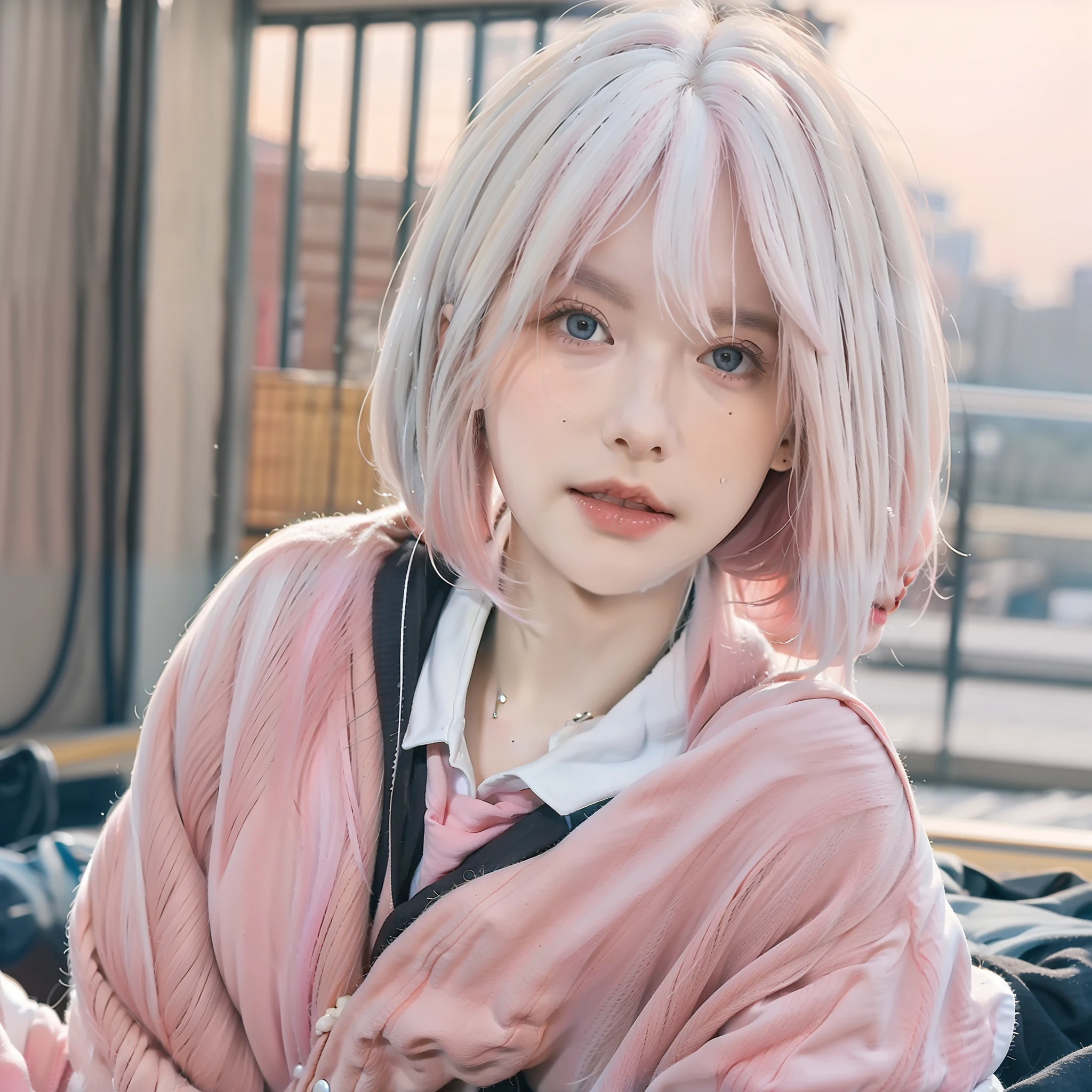 (masterpiece), (high quality), (8k resolution), (RAW photo), (best quality), (masterpiece:1.5), (realistic:1.5), ((photo realistic)), vibrant details, hyper realistic,1girl, (cute:1.2), beautiful, high-quality and detailed face, perfect face, (white hair And light pink hair:1.4), rosy cheeks, detailed eyes, (blue eyes),colorful eyes,(watery eyes),nsfw,, slender body, looking at viewer, closed mouth, real human skin, shiny skin, mid breasts, ((school uniform)), sitting, bed,