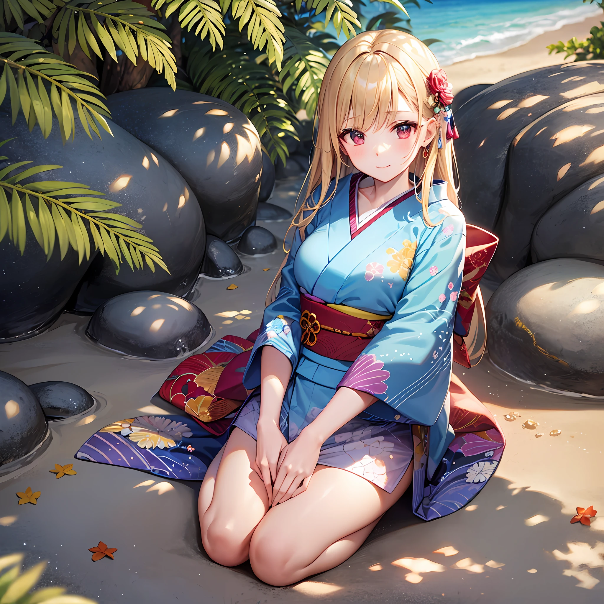 One blonde girl、red eyes、Light blue kimono、sand beach