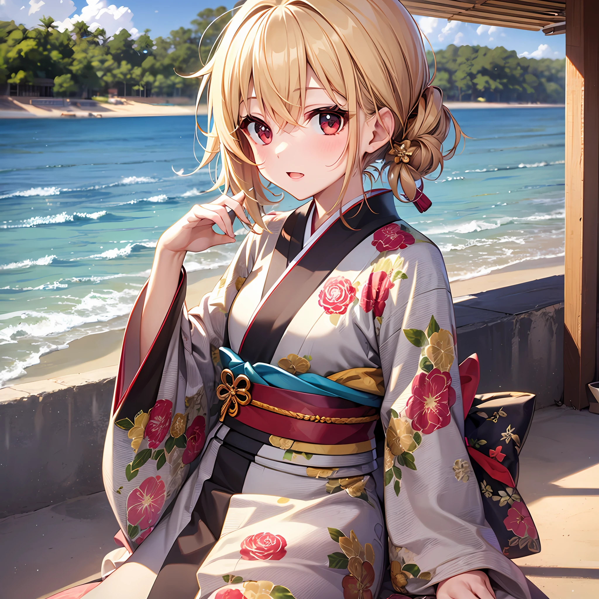 One blonde girl、red eyes、Kimono、sand beach