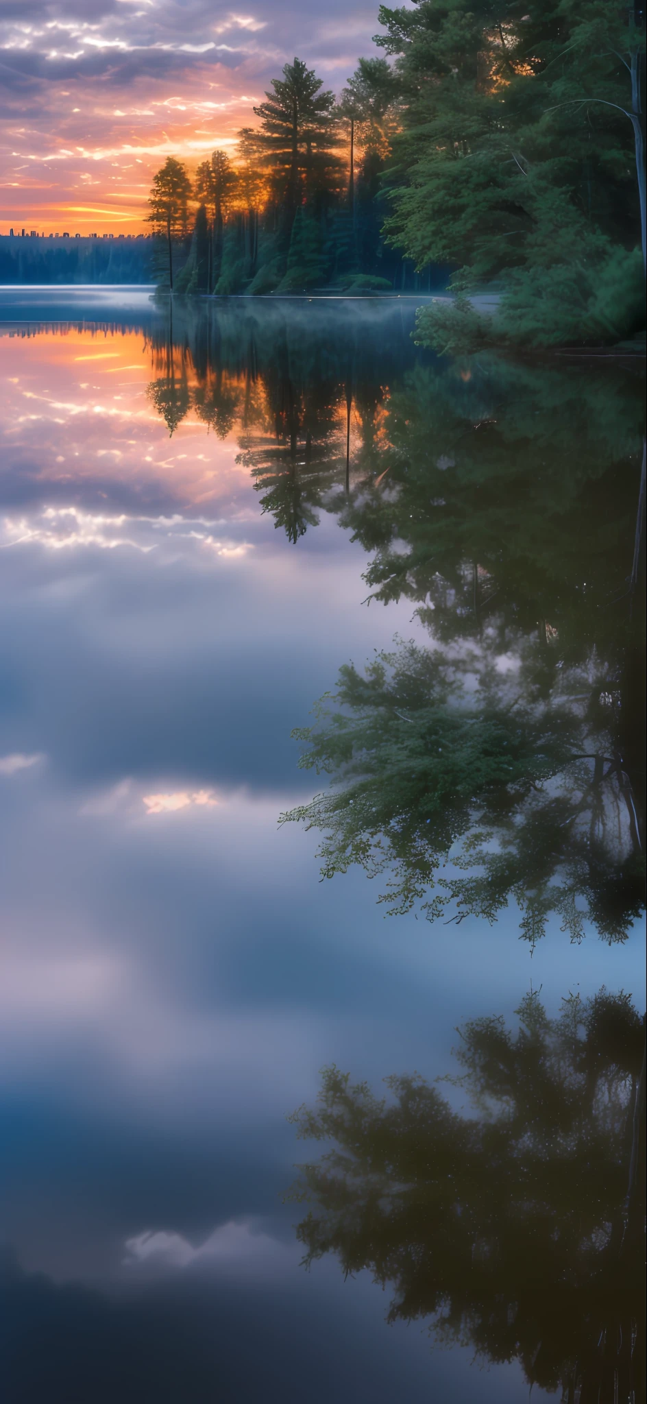 wallpaper, summer, lake, dawn, forest, detailed forest, clouds, masterpiece, cinematic, soft light, depth of field, ray tracing, reflection in water, realism, ulra detailed,