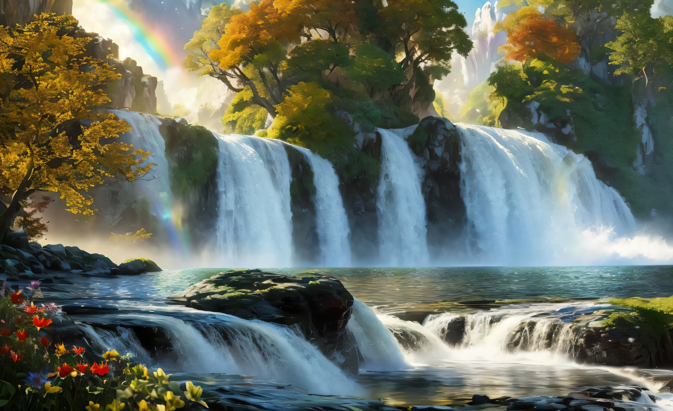 analog style,ChromaV5,nvinkpunk,(extremely detailed CG unity 8k wallpaper),A Illustration of a bright and majestic waterfall cascading down a rocky cliff, illuminated by the shining sun, The water sparkles as it falls, casting a rainbow of colors, the surrounding landscape is lush and verdant, with tall trees and wildflowers,award winning photography, Chromatic Aberration; Geometric Shapes; Bokeh, Depth of Field, Photorealistic, Detailed, Bloom, HDR , oil painting by John Singer Sargent, Frederic Church, and Thomas Moran,trending on ArtStation, trending on CGSociety, art by midjourney