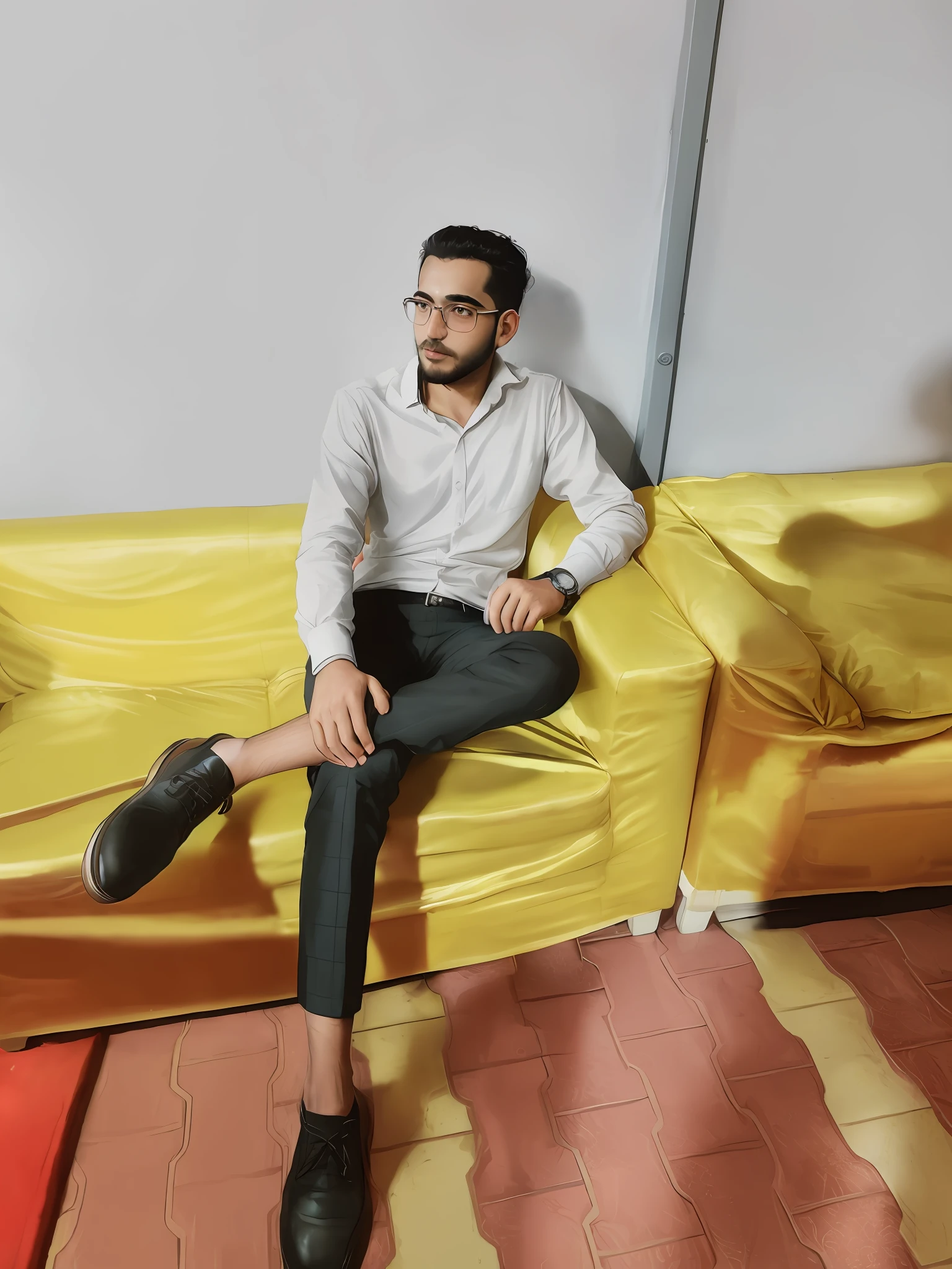 there is a boy sitting on a couch with a laptop on it, sitting in a lounge, sitting on a couch, sitting on a sofa, sitting on couch, at the sitting couch, sitting on the sofa, sitting on the couch, inspired by Ismail Acar, mohamed chahin style, full body photogenic shot, very artistic pose, mohamed chahin