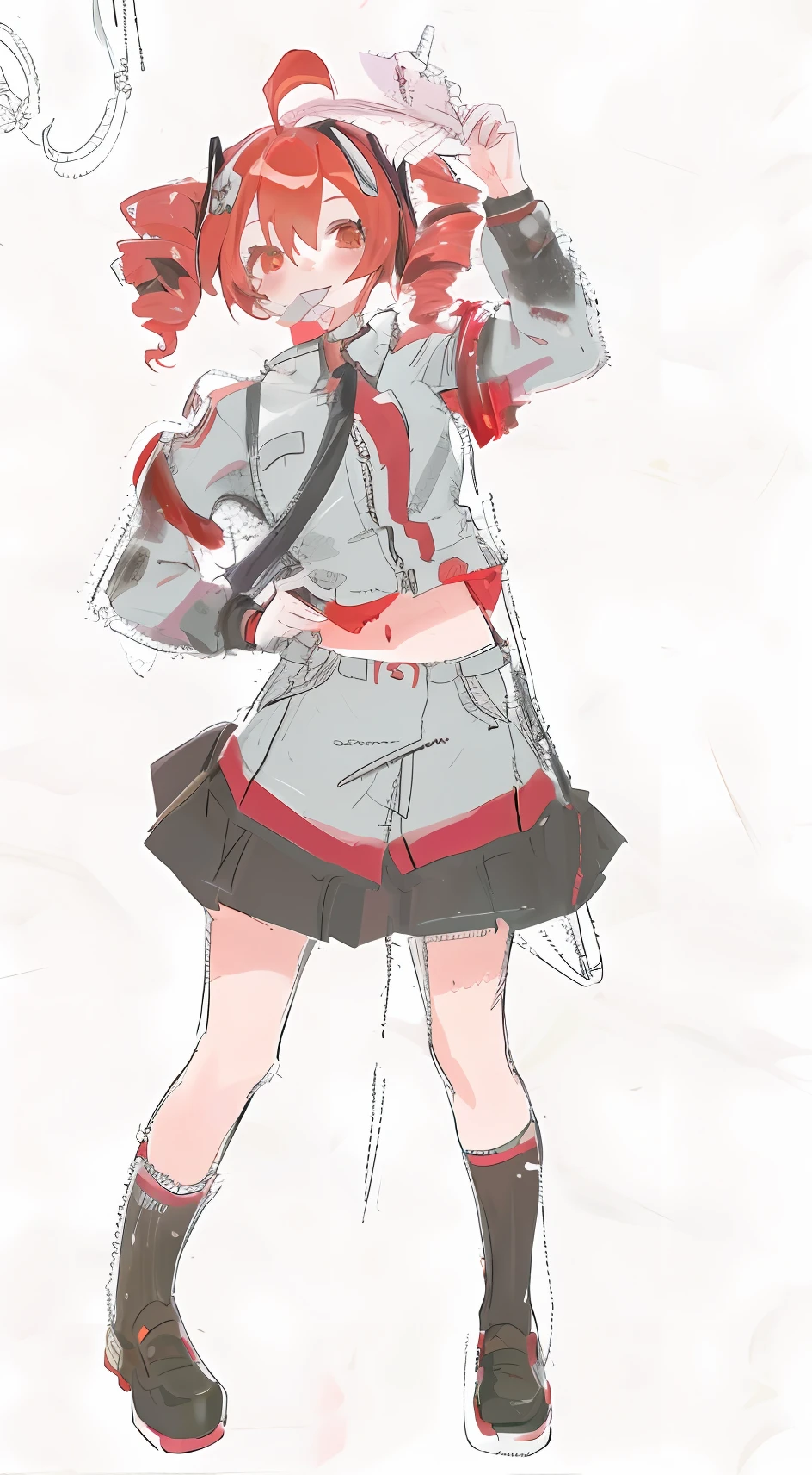 there is a girl with red hair and twin drills, anime style, painted in anime painter studio, made with anime painter studio, small curvy loli, high resolution, detailed shading, cute girl, kasane teto, vocaloid, military clothes, skirt, smiling, blush