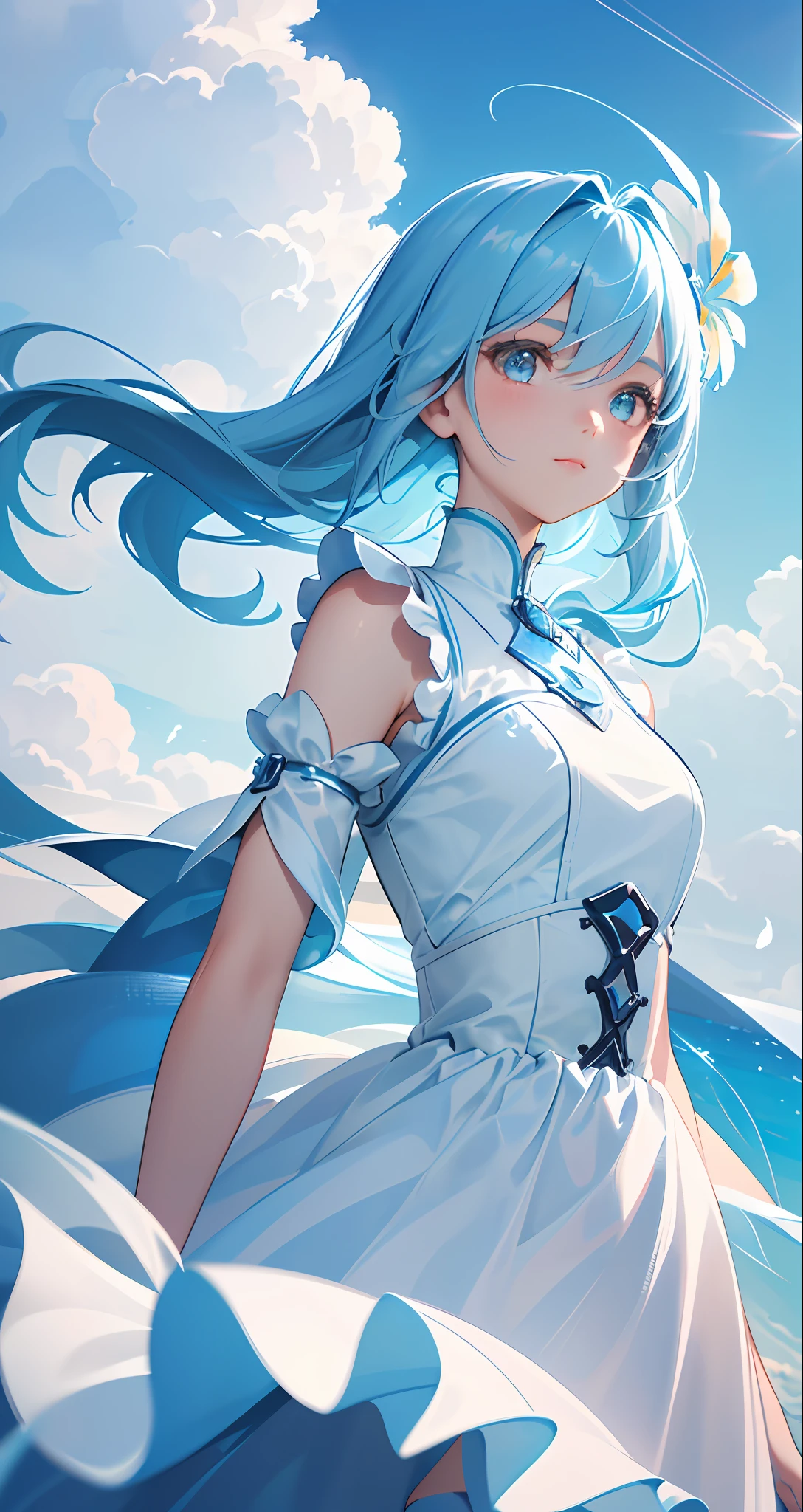 (8K, RAW photos, Top quality, Highly detailed CG unity 8K wallpaper, Masterpiece: 1.2), Girl, light blue beautiful hair, Floating in the sky, Cloud Girl, Clouds, (Close-up: 1.1), Bright, Happy, fun, Soft lighting, (bauhause, Shape, Line, abstracted: 1.1) Cornflower, small and beautiful girl with detailed eyes, light blue beautiful hair, light blue monochromatic dress, Upper body, The depth of field in the photo was perfect, and the lens flare added a nice touch. The fine features of his face really stood out, and the score in this photo was definitely over 10. in the background, there were clouds, A stunning picture，Really captured the beauty and clouds of the girl. , accurate depiction of the iris, Look lovingly at the audience，Like a gentle goddess,